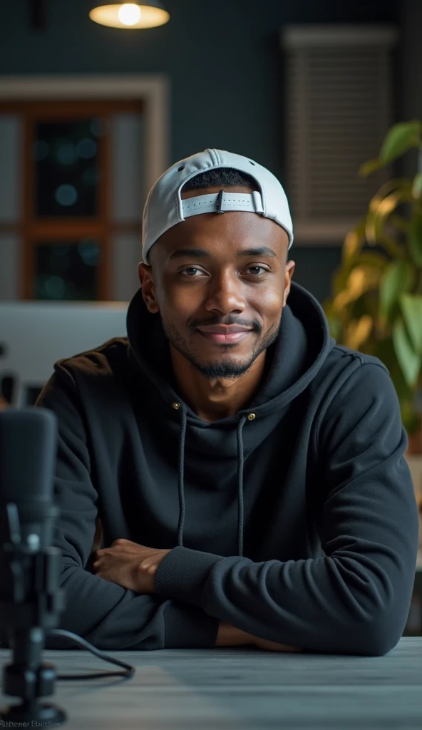 A young Nigerian guy with low shaved head,  seated, portrait headshot pose with face, shoulders and chest centred as he gazes into  the camera with a friendly facial expression, at a grey desk with a microphone attached to a mic arm, in a studio setting with 3 point lighting. He is dressed in a thick dark hoodie and wear a white baseball cap backward. The background is out of focus, but includes dim lighting, computer screens, Greenery, and window blind. Night scene, dark night scenery 