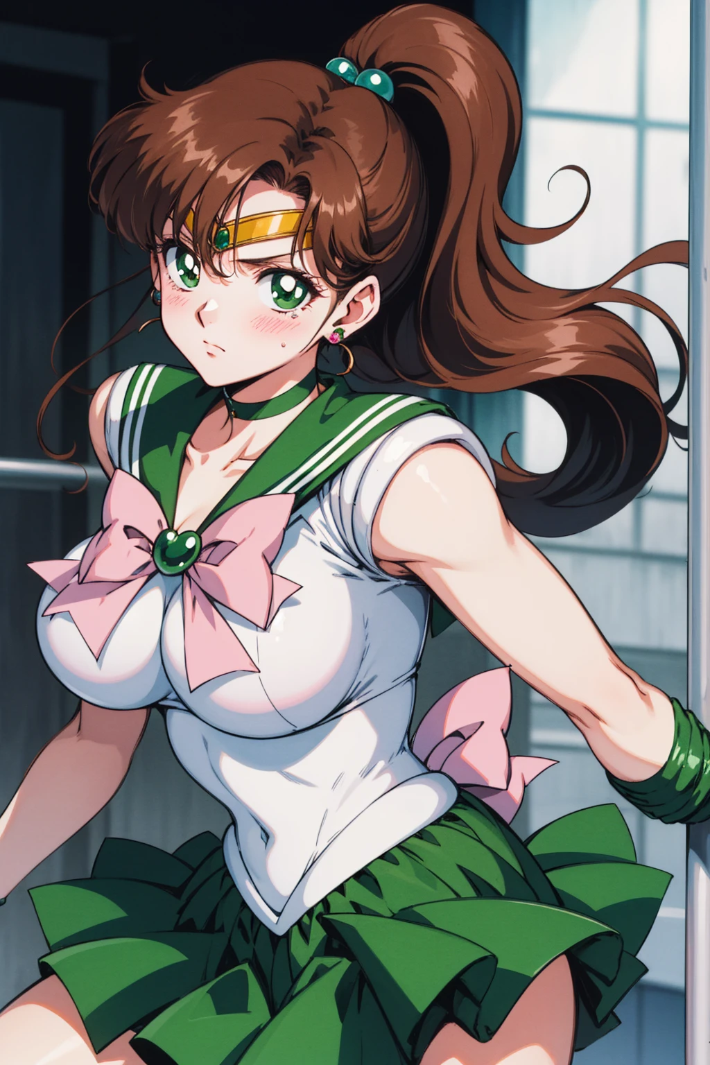 Best Quality,  high resolution on down, 1990s \( style \), retro art style , 1990s anime cels  style ,  Sailor Jupiter,  Fighting ,  Sailor Warrior Uniform , Green sailor collar,  white gloves,  green pleated skirt,  Pink Ribbon ,  ponytail,  jewellery, Earrings、(Torn clothes、tits)、 with movement、廃墟で Fighting 、Torture scene、 torture room、Woman being tortured、tears、blush、 sad