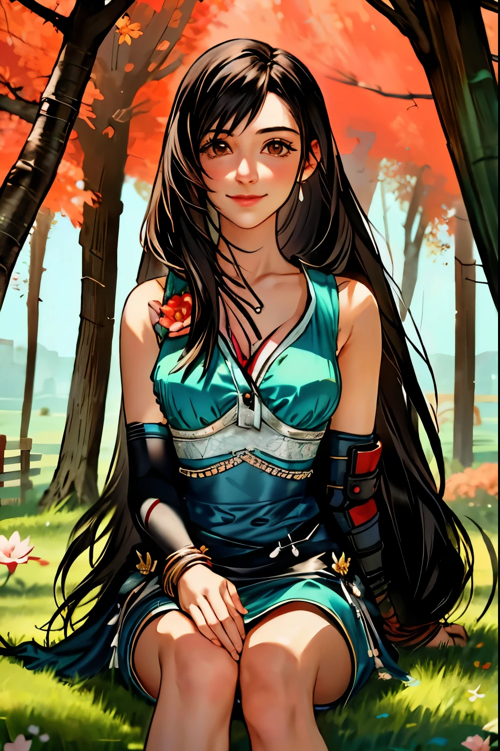 Tifa alone , detailed face , portrait, long hair, sits in the lotus position, meditates, in the grass with flowers , smiles, sunny day
