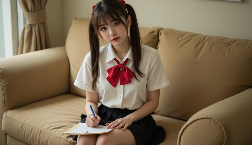 Hyperrealism，Picture of a girl sitting on a sofa writing on paper with a pen， an 18-year-old young girl with double ponytails， in the living room corner ，Big breasts， in a white shirt ，Red bowtie， black pleated skirt ，She's a dumb 。evening，Film texture。