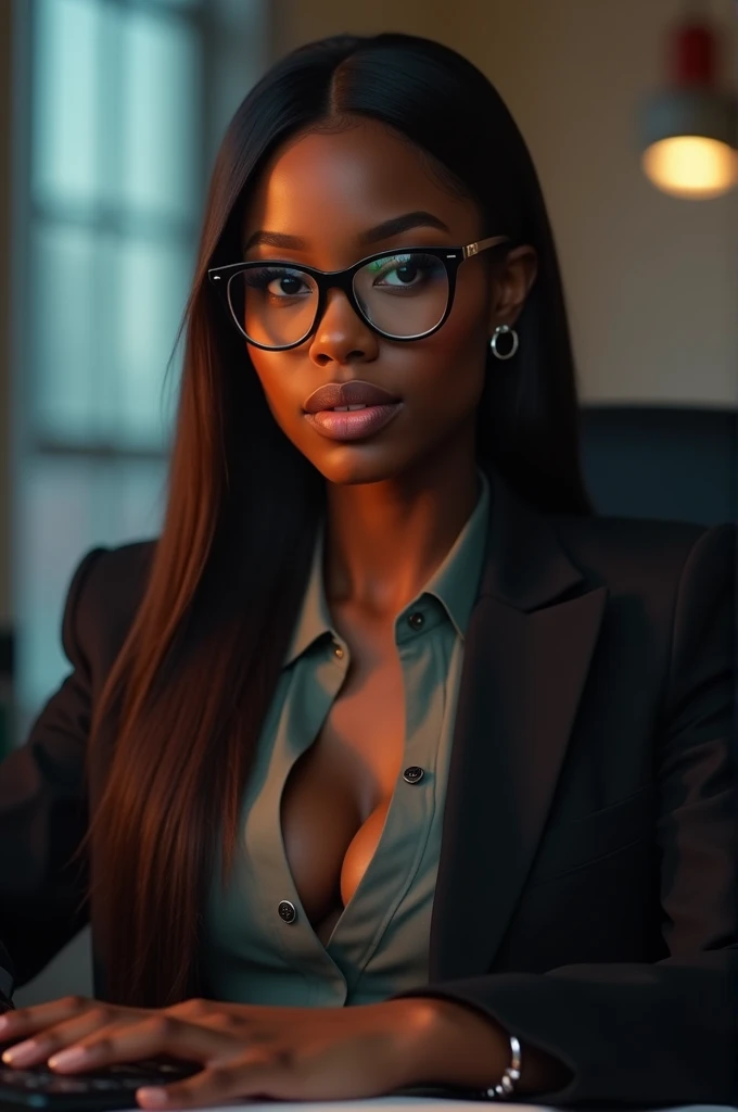 a gorgeous african girl with long straight hair, serious expression, large breasts, detailed eyes, nose, and lips, wearing professional outfit, glasses, athletic, siting in her office, using her computer, hp comuter (best quality,4k,8k,highres,masterpiece:1.2),ultra-detailed,(realistic,photorealistic,photo-realistic:1.37),HDR,studio lighting,extremely detailed face and body, portrait,cinematic lighting,dramatic lighting,warm color tones,dramatic colors