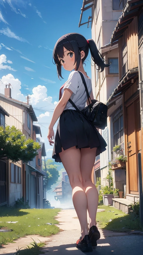 absurderes、high resolusion、looking at the viewers、(frombelow:1.5)、(vivd colour:1.3)、(one girls:1.3)、cute little、A detailed face、A detailed eye、(Girl climbing a ladder:1.5),(Dark Pleated Super Short Skirt:1.4)、(thighs thighs thighs thighs:1.3)、(Very clean panties:1.2)、facing back、skirt rift、Show-off panties、(ass view:1.6)、Colossal tits、(Embarrassed face:1.3)、open open mouth、(breastsout:1.3)、 s ass、roundly eyes、(blown by the wind:0.5)、Sweating around a girl、Dripping sweat、gust of wind、(the wind:1.2)、Motion blur effect、(I can't see my pants:1.4)、outside of house、(magnificent panorama view:1.2)