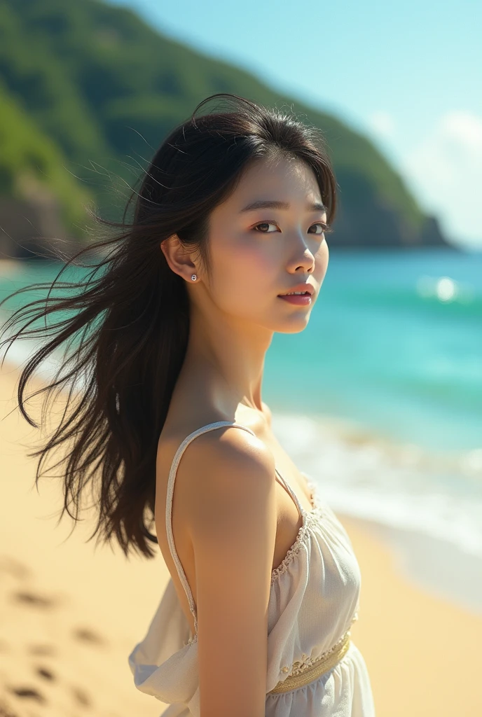 a beautiful woman on the beach, 1girl, detailed facial features, long wavy hair, skin glowing, wearing a white dress, walking on the shore, waves crashing in the background, sunset sky with warm colors, sandy beach, rocks and cliffs in the distance, (best quality,4k,8k,highres,masterpiece:1.2),ultra-detailed,(realistic,photorealistic,photo-realistic:1.37),cinematic lighting,natural setting,vibrant colors,golden hour,detailed ocean waves,detailed sand textures