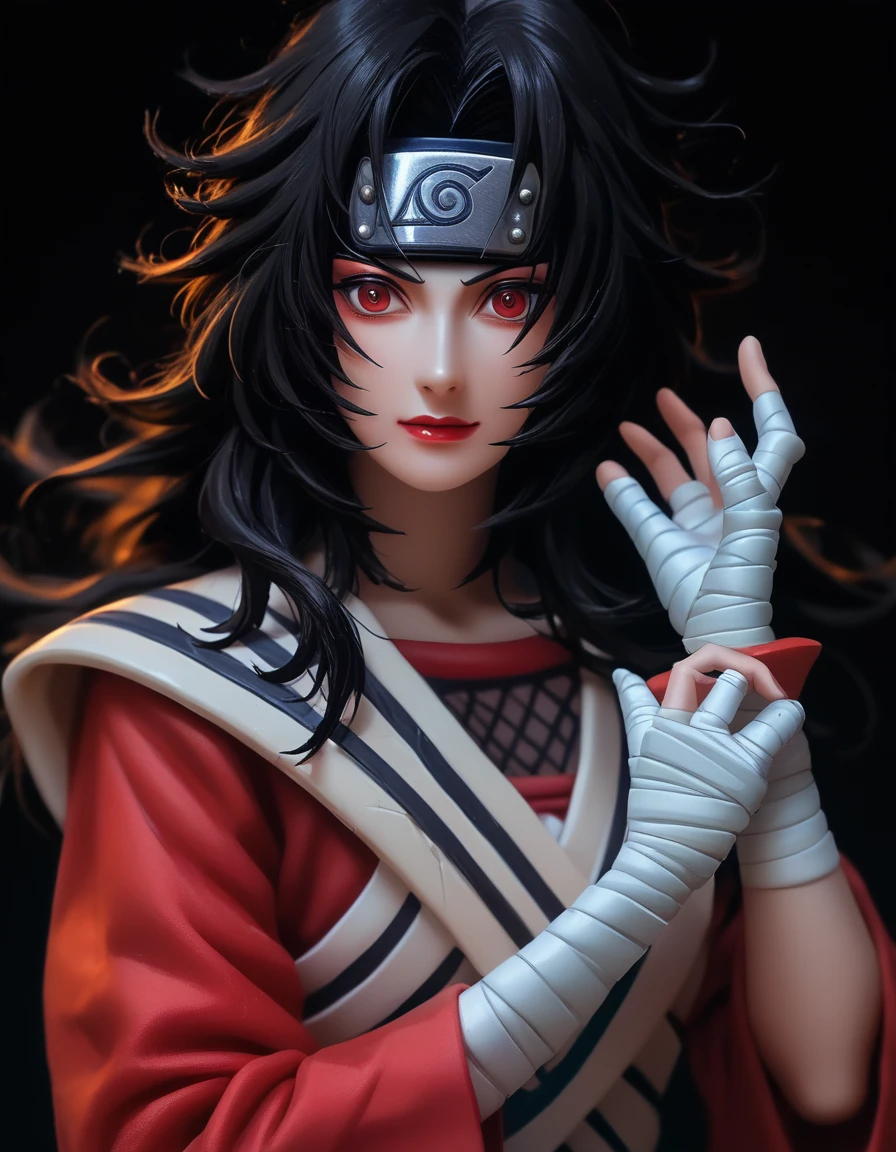 （（（perfect figure，figure，forehead protector，bandaged hand， konohagakure symbol，fishnets，Red single sleeve，White striped clothes，（（（Kurenai Yuhi, black hair, red eyes,  long hair,makeup，red eyes，lipstick，）））型figure:1.7））），((masterpiece)),high resolution, ((Best quality at best))，masterpiece，quality，Best quality，（（（ Exquisite facial features，looking at the audience,There is light in the eyes，Happy，LOL））），（（（Interlacing of light and shadow，huge ））），（（（looking into camera，black background）））