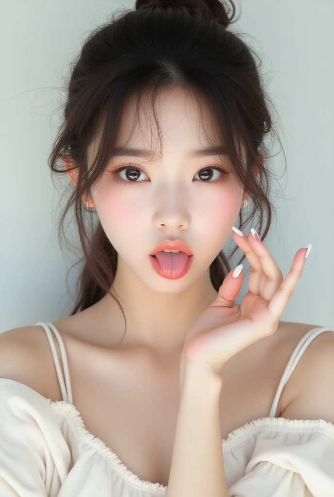 A pretty Korean woman in her early 20s who looks like IU looks up while sticking out her tongue with her eyes open