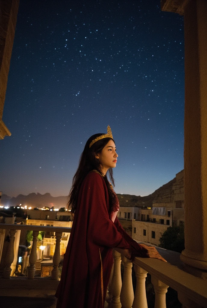 "Depict a young Queen Hatshepsut in ancient Egypt, standing on a balcony under a dark, starry sky. She is gazing into the distance, imagining herself wearing the crown of unified Egypt. Her eyes are filled with determination and wonder, symbolizing the beginning of her ambitious journey." She is so beautiful. Her face is korean beautiful girl.