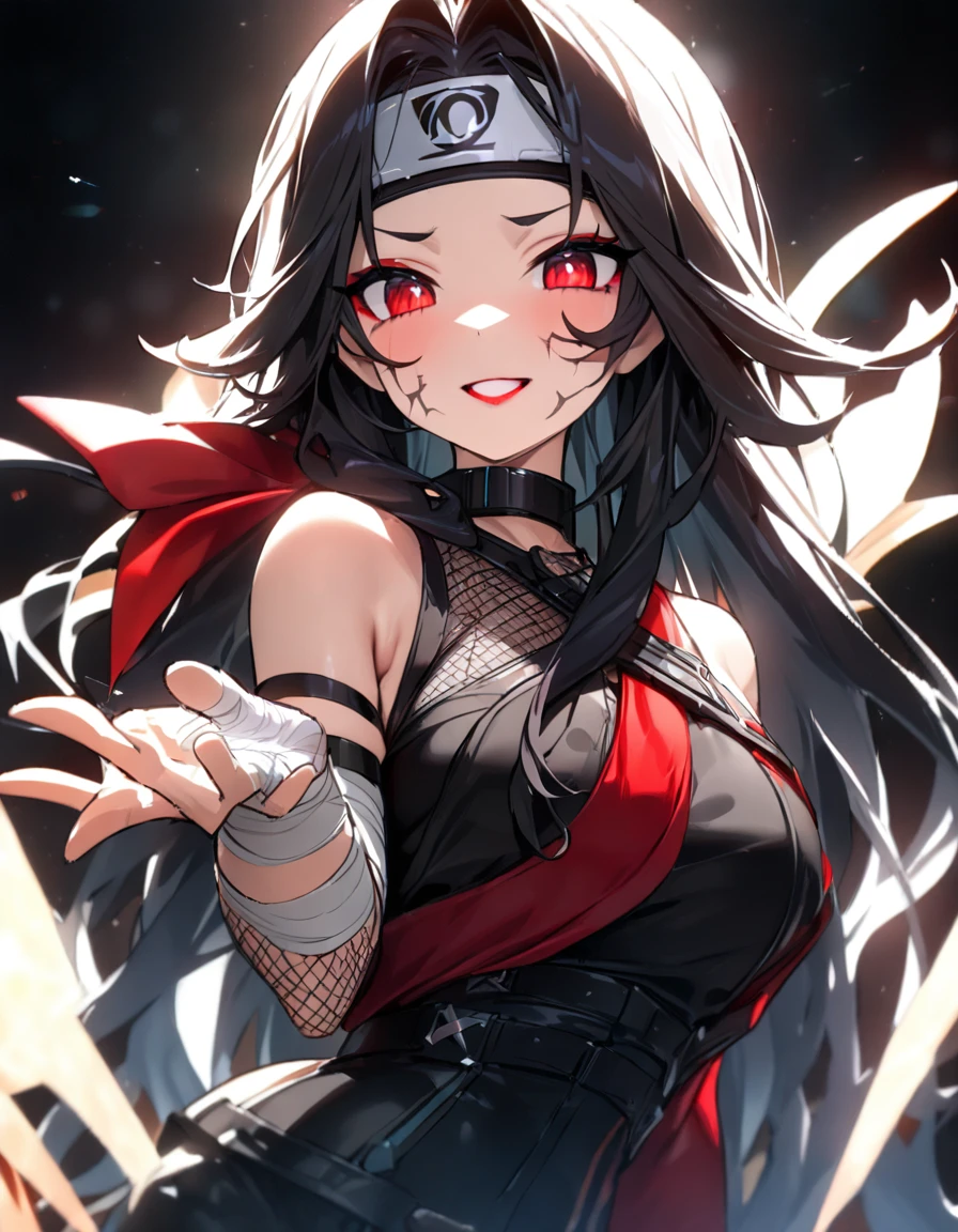 （（（perfect figure，figure，forehead protector，bandaged hand， konohagakure symbol，fishnets，Red single sleeve，White striped clothes，（（（Kurenai Yuhi, black hair, red eyes,  long hair,makeup，red eyes，lipstick，）））型figure:1.7））），((masterpiece)),high resolution, ((Best quality at best))，masterpiece，quality，Best quality，（（（ Exquisite facial features，looking at the audience,There is light in the eyes，Happy，***********nterlacing of light and shadow，huge ））），（（（looking into camera，black background）））