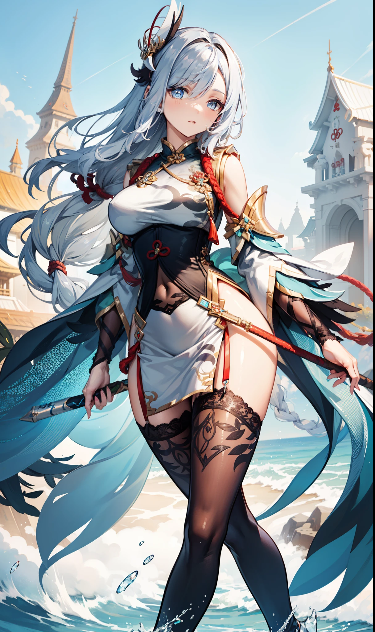 Close-up of a white-haired god woman holding a sword in a snow-covered field, fine details from the Girl Front and the Night of the Ark, detailed art of Onmyoji.