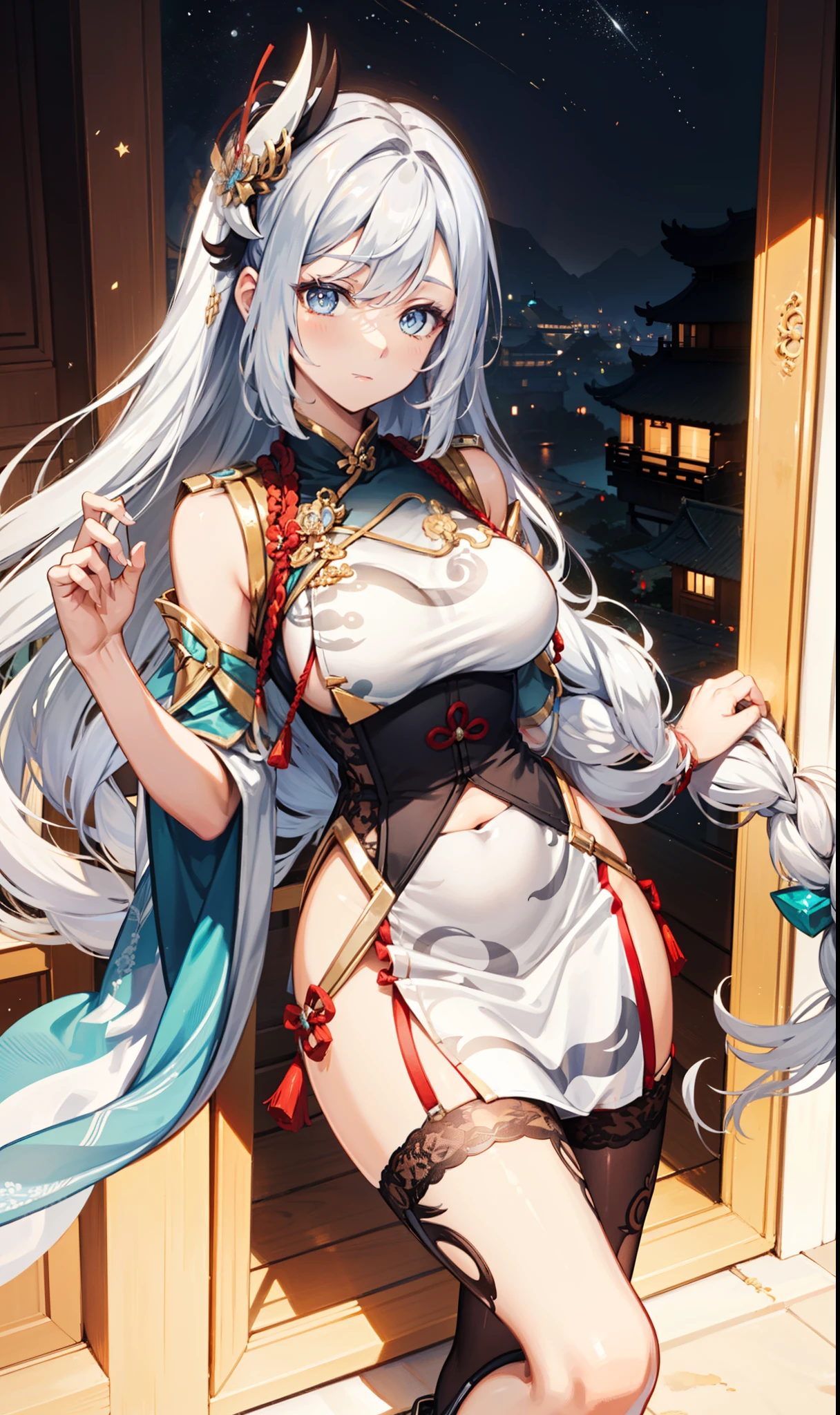 goddess,obsessed,have fun,in love,(White transparent Chinese uniform,With a long skirt),Silver Hair,blue eyes,Transparent Clothes,Exquisite hair accessories,Transparent lace,Sky blue pattern,night,Dress nicely,outdoor,solitary,night,Engraved suspender boots,Beautiful face,Garter stockings,