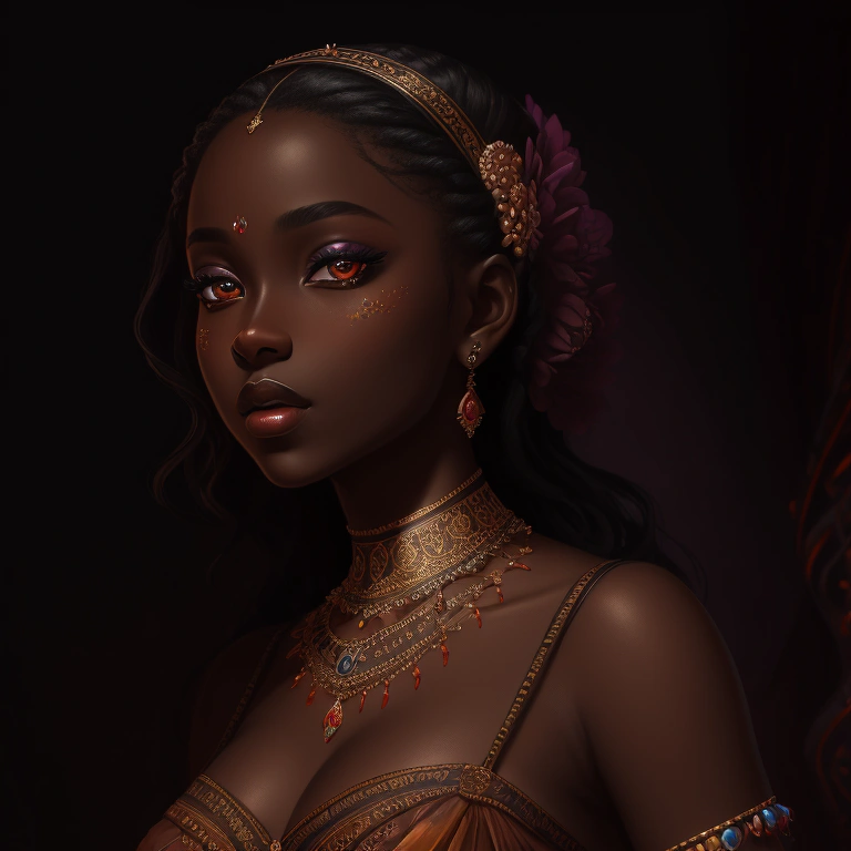 "A mesmerizing and enchanting young woman with a luscious cocoa skin tone, radiating grace and allure."