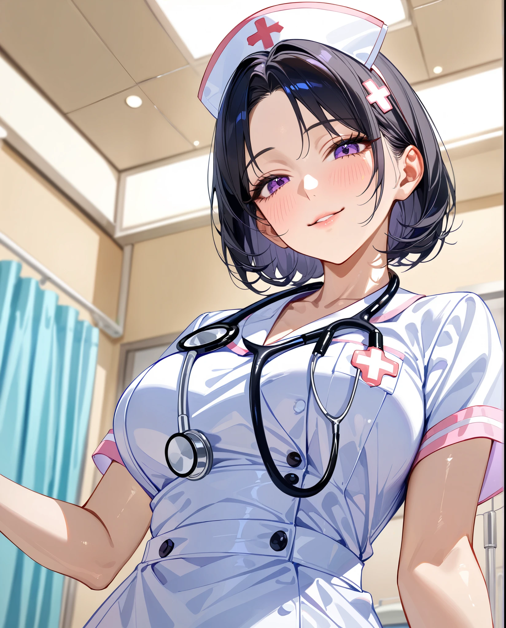 from below, looking down, Stethoscope, 🩺, head tilt, light smile, half-closed eyes, blush, beautiful mature female nurse, short black hair, light purple eyes, nurse costume, nurse hat, beautiful shiny lips, upper body, consultation room, hospital, ward, masterpiece, best quality, ultra detailed, intricate detailed, highly detailed skin