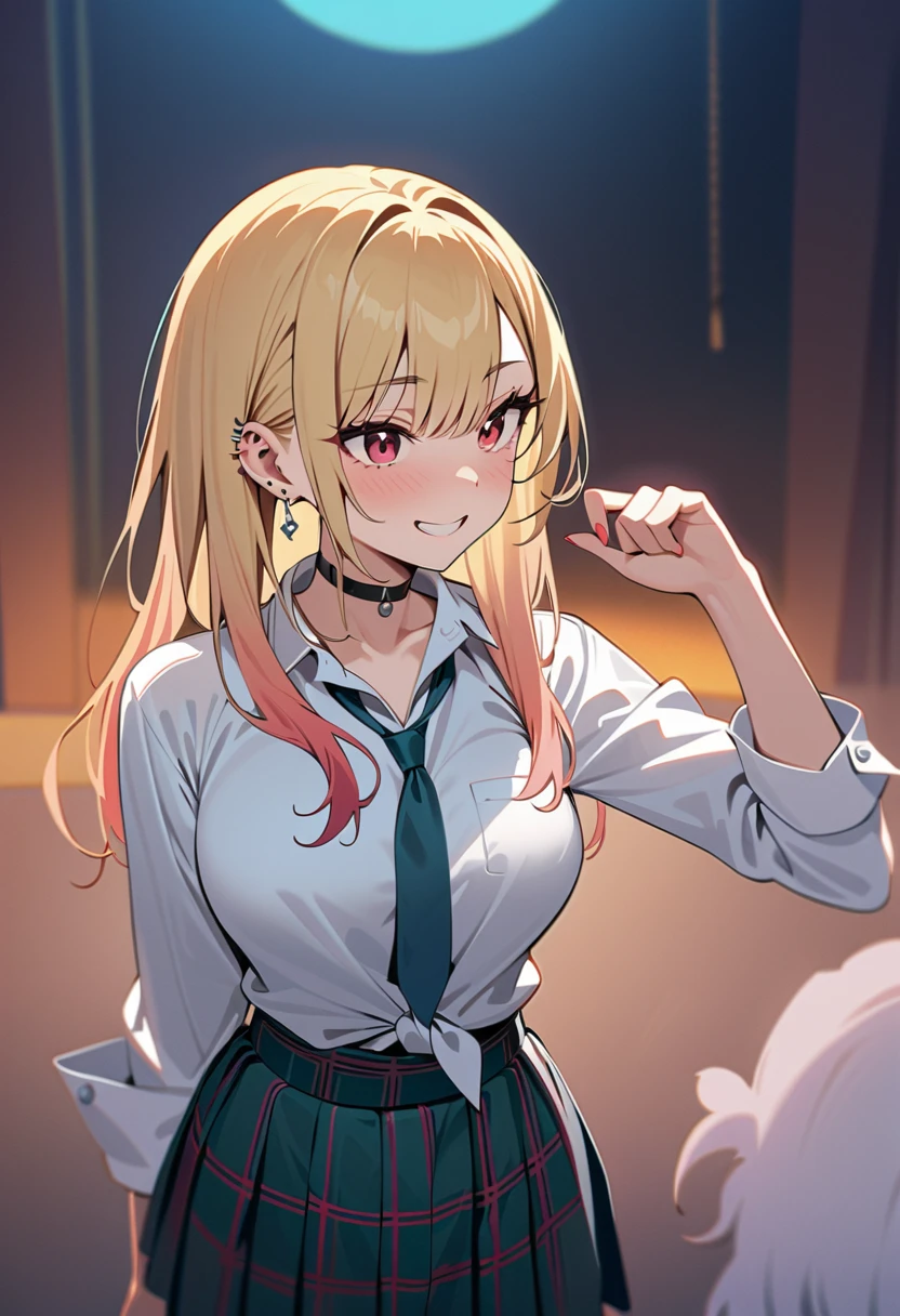 (masterpiece, Best Quality, Mysterious aesthetics, Super detailed),  intricate detail ,  one girl playing pranks,  Marine Kitagawa, sono bisque doll wa koi wo suru, blonde, red eyes, Ear Piercing, Barbell Piercing,  cybernetics,  black choker , Colored Shirt,  white shirt ,  Long Sleeve , Tie the hem of the shirt,  earrings for a woman alone,  blue tie ,Dazzling Smile、 marine color pleated skirt to tie the hem of a shirt、 Plaid Pleated Skirt