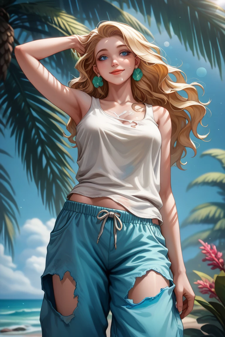 NSFW, (((masterpiece))), best quality, elegant, curvy woman. A graceful, relaxed pose on a deserted tropical island by the sea. She has (fair, ivory skin) with a soft glow, (soft coral lips), and a (gentle, serene smile). She has (long, flowing blonde hair). Her face has (clear blue eyes) and (light peach eyeshadow). (Delicate marble earrings). Emphasis on (chest:1.1) and (ass:1.1), with soft, graceful lines.
Outfit: Wearing a (strappy white tank top, loose, visibly torn and heavily weathered:1.6), with (soft indigo beach pants, loose-fitting, made of soft cotton fabric, heavily worn, and visibly torn:1.4). (Barefoot).
Pose and setting: (Standing), exuding a graceful, serene presence. The background includes (brought daylight), gentle waves below the beach, and a soft breeze in her hair. (Shot with a 50mm lens), (light bokeh effect), (depth of field), with (focus from the front and slightly below) to capture a (erotic:1.3) atmosphere.