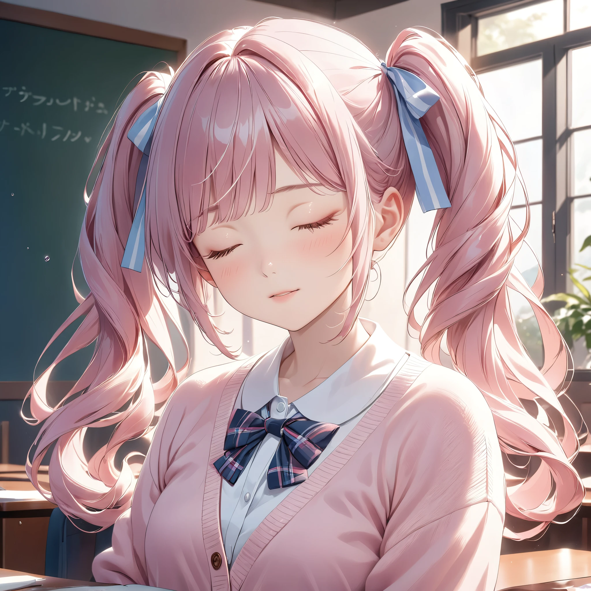 (8K, masutepiece, Best Quality, Official art, beautiful detailed, beautiful lighting, best masterpiece in history that exceeds limits), (1 Girl, Solo), (sixteen years old), (beautiful detailed face), (shiny white skin), (Beautiful big bust:1.3), (beautiful detailed pink twin tails hair, Bangs:1.3), (close eyes:1.8), (high school uniform:1.3), (pastel pink cotton cardigan, closed front, long sleeves:1.5), (open collar white shirt, pastel pink ribbon tie:1.3), (hold a pocky in mouth, sucking on a pocky, have a pocky in mouth, pocky game:1.5), (happy smile:1.2), (Attractive, cute pose:1.3), (no background, simple white plain background:1.5),