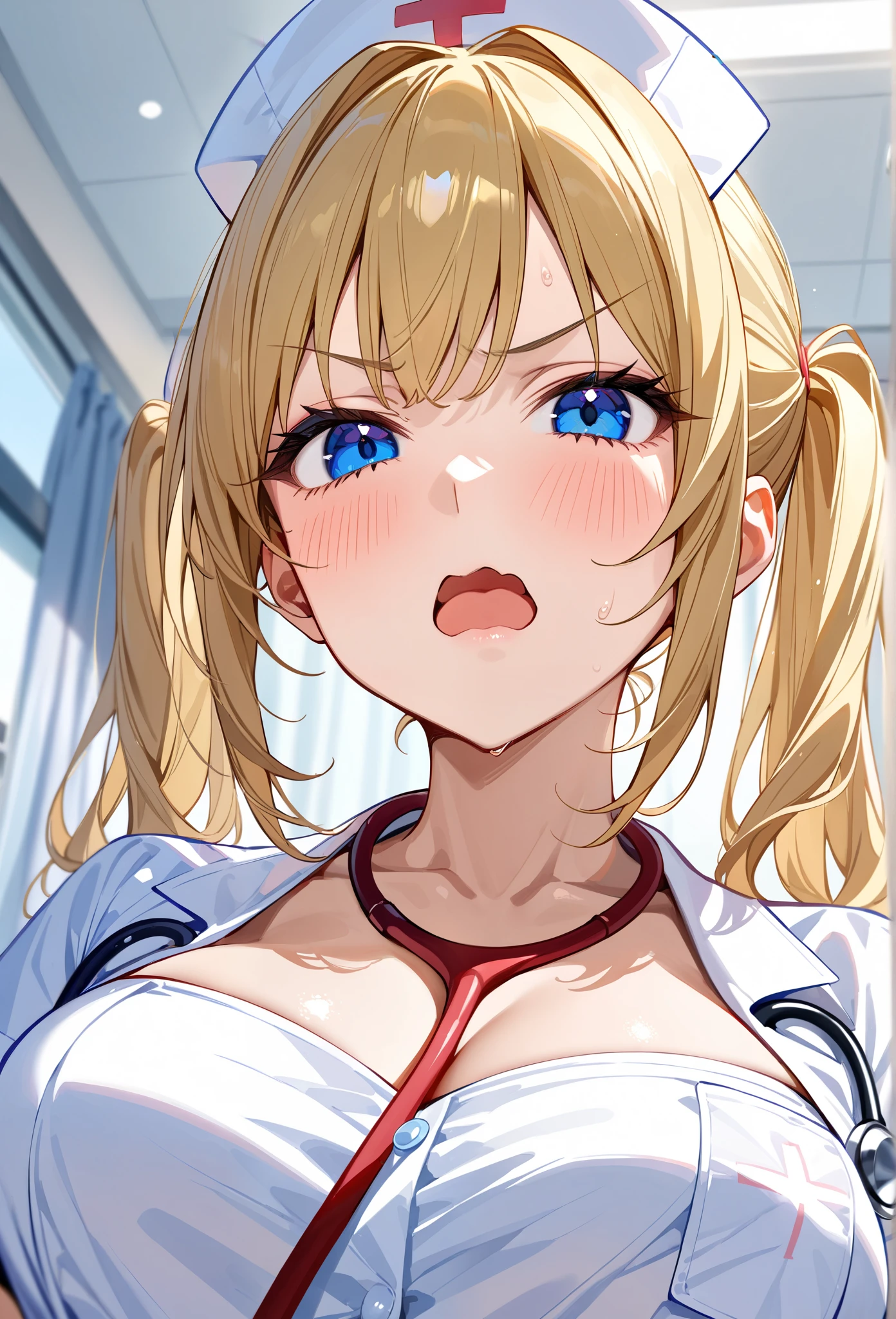 from below, looking down, A stethoscope、🩺、v-shaped eyebrows、wavy mouth、open mouth, blush、Beautiful mature nurse woman 、 solo, blonde hair medium hair、 twintail hair, blue eyes, nurse costume、Nurse cap、 upper body、A consultation room、hospital、A ward、masterpiece, best quality, ultra detailed, highly detailed skin