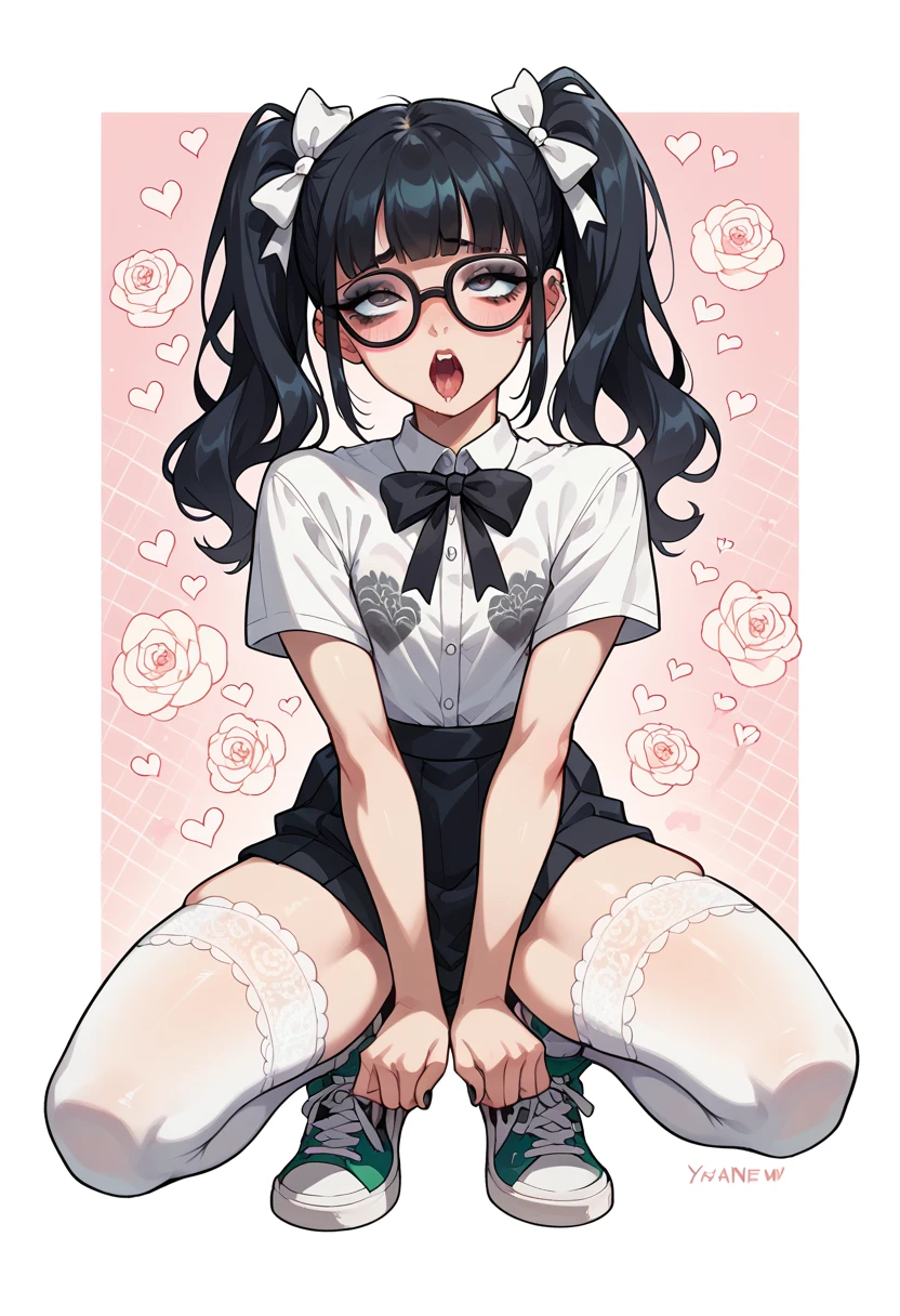 Full-body view NSFW, 8--old c girly, orgasm, sex, make-up, beautiful face, twin tails, glasses, lace white transparent stockings with pattern and ribbons, white socks with pattern, sneakers, beautiful breasts, goth look