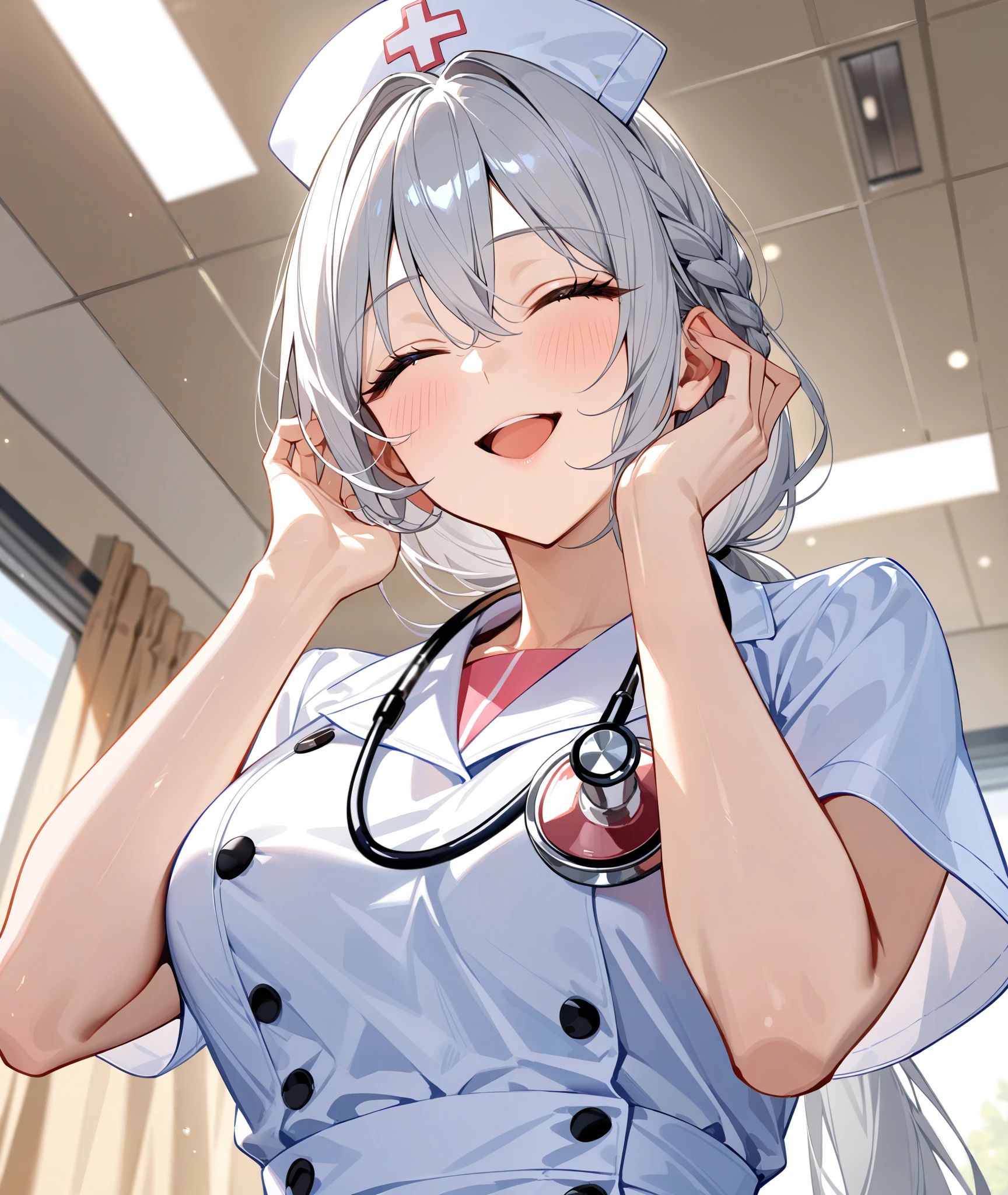 from below, looking down, hands on own face, A stethoscope、🩺、half open mouth、closed eyes, blush、smile, Beautiful mature nurse woman 、 solo, silver hair long hair、 braid, low ponytail hair, hair between eyes, nurse costume、Nurse cap、 upper body、A consultation room、hospital、A ward、masterpiece, best quality, ultra detailed, highly detailed skin