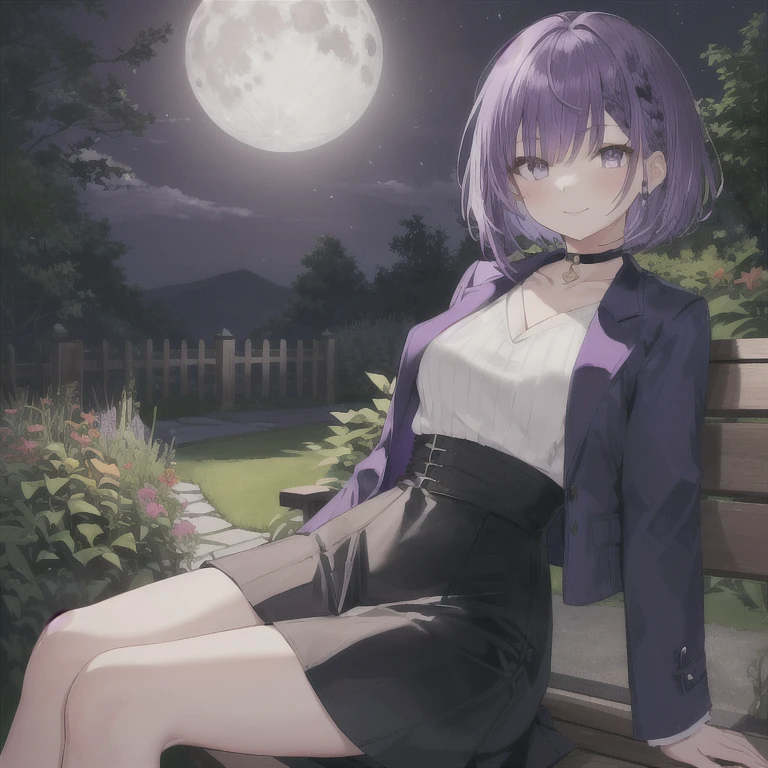 1people々 girl,((Haruno YukinoshitaFull Body)),Purple Hair ,(masterpiece:1.2), highest quality, (((Thin legs))),((((High resolution)))), unity 8k wallpaper, (shape:0.8), Highly detailed face, Perfect lighting, Extremely detailed CG,(((garden)))),(Big Breasts)、(((((office lady))))、(((On the bench))),(((suit))),((Black tight skirt)),(((Black long boots))),(((Black pointed toe)))、(((Black stiletto heels)))、choker、((((Thin legs)))),short hair,(White panties),(Hands on skirt),Panchi et al.,smile、((Starry Sky))