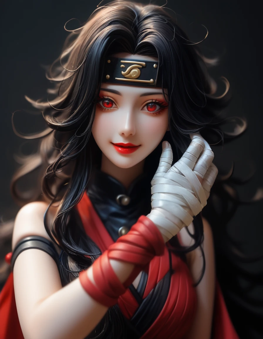 （（（perfect figure，figure，forehead protector，bandaged hand， konohagakure symbol，fishnets，Red single sleeve，White striped clothes，（（（Kurenai Yuhi, black hair, red eyes,  long hair,makeup，red eyes，lipstick，）））型figure:1.7））），((masterpiece)),high resolution, ((Best quality at best))，masterpiece，quality，Best quality，（（（ Exquisite facial features，looking at the audience,There is light in the eyes，Happy，LOL））），（（（Interlacing of light and shadow，huge ））），（（（looking into camera，black background）））