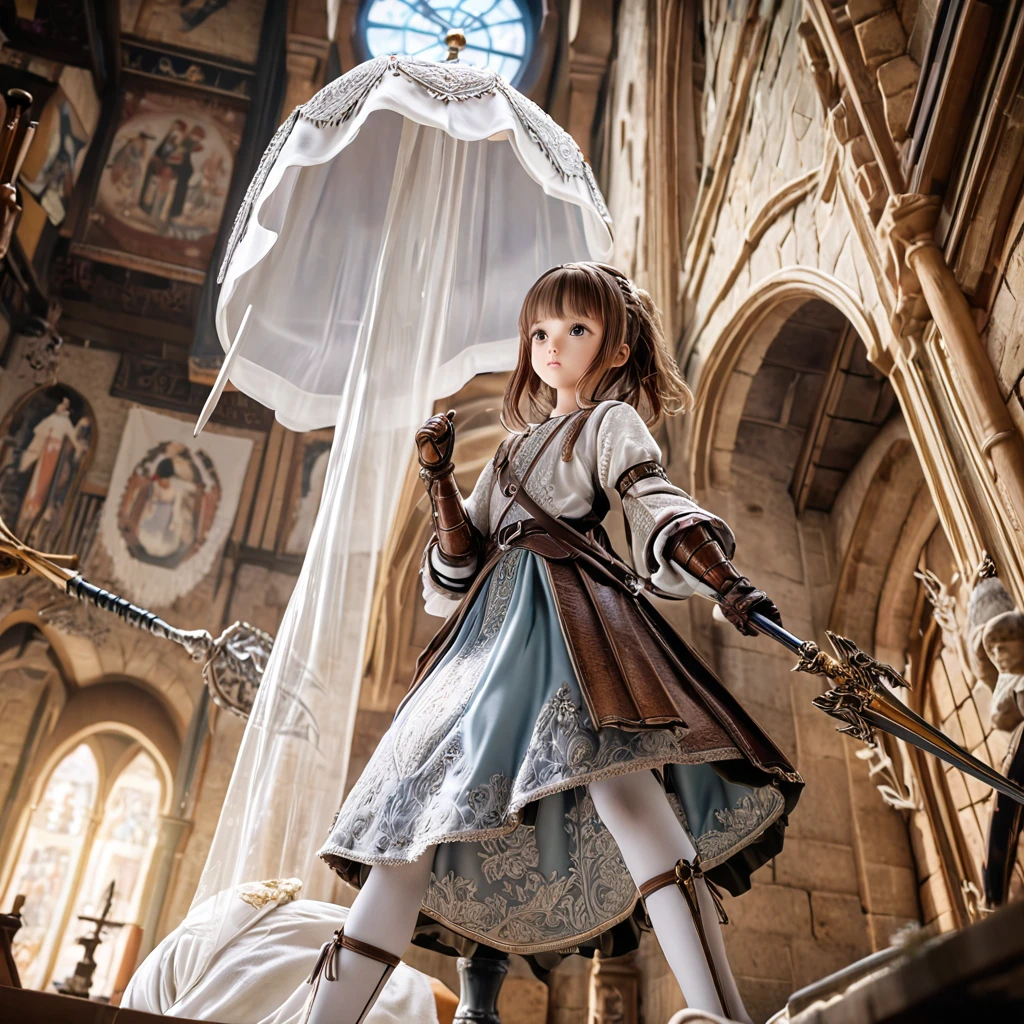 (  highly detailed CG octane rendering 8k wallpaper with a long spear ),  The World's Most Beautiful Artwork ,  with a flag attached to a long spear, Complex,  high detail, ８ year old girls, Silver embroidery,  medieval long cotton dress（With panniers）, Cotton fabric, Skirts lifted, Strong winds, Transparent slip, Translucent Tights , Peeking from below, Best Quality, Disarray of clothing,  lies down, underwear,  show off your thighs, Knight , Skirt lining, Bloomers、Leather Armor、Full body shot seen from below 
