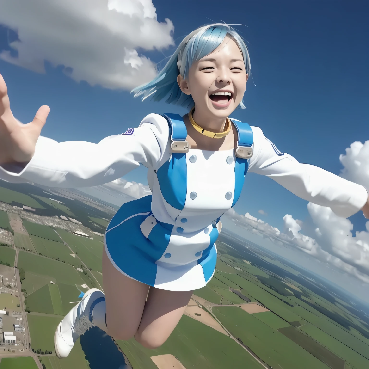 (  Ultra High Definition )、eureka、  adult woman laughing、 Purple Eyes、  Extremely short light blue hair  、  choker 、  hair clip that invites hands  、  white and blue dress  、  Long Sleeve  、  white knee-high boots  、 blue dress with blue boots  、  miniskirt 、  、 Clear skies 、  white shorts can be seen {x} skydiving from a flying aircraft with both hands and feet wide open、  dance in the sky like a kite  、  skirt flutters in the wind 、 Swim through the air 、 ergonomically correct body shape 、