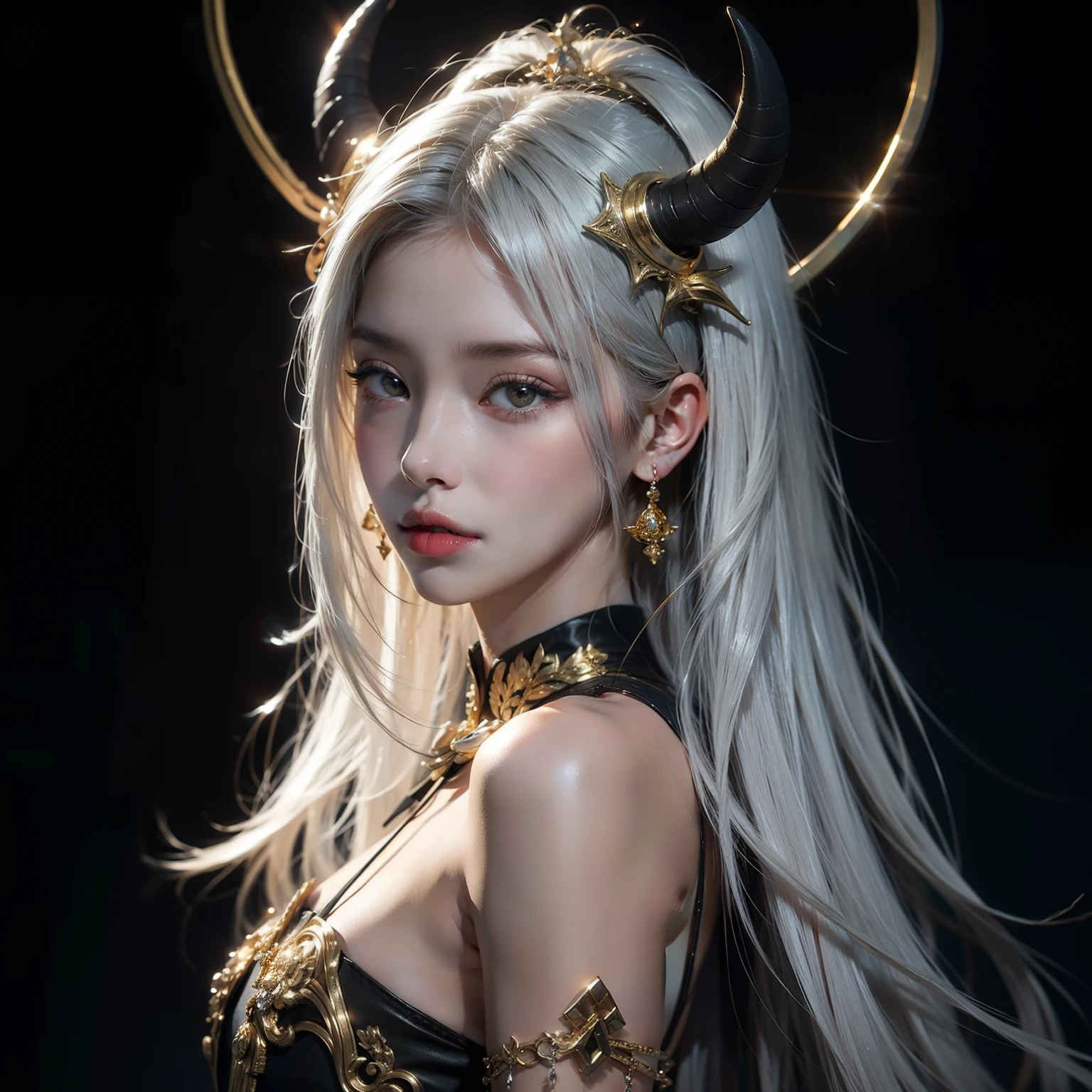 a close up of a woman with horns and a goat head, white horns queen demon, trending on cgsociety art, girl design lush horns, trending in cgsociety, [ trending on cgsociety ]!!, trending on cgsociety, deviantart artstation cgscosiety, artgerm julie bell beeple, cgsociety contest winner!!, best of artstation, A mystical figure with pale skin and white hair stands against a dark background, adorned with intricate gold markings and a smooth, marble-like texture on the skin. She has elegantly curved black horns and a glowing circular halo above her head. Her outfit is form-fitting and black, complementing a long, slender tail that ends in a pointed tip. The overall aesthetic blends elements of elegance and darkness, evoking a serene yet enigmatic presence.