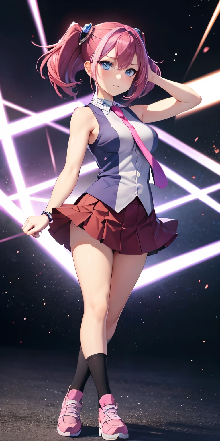 1 Female,High definition,high resolution,Ultra-realistic,8K, hy1, hair ornament, multicolored hair, blue eyes, necktie, skirt, tight skirt,miniskirt,sleeveless ,pink shoes,black thighhighs, medium breasts,European,sexy,Upper body close-up,Photographed from the front,Dynamic Angles,blush, medium tits,(full body), Multicolored hair , perfect face,detailed face, perfect face,8k, perfect body