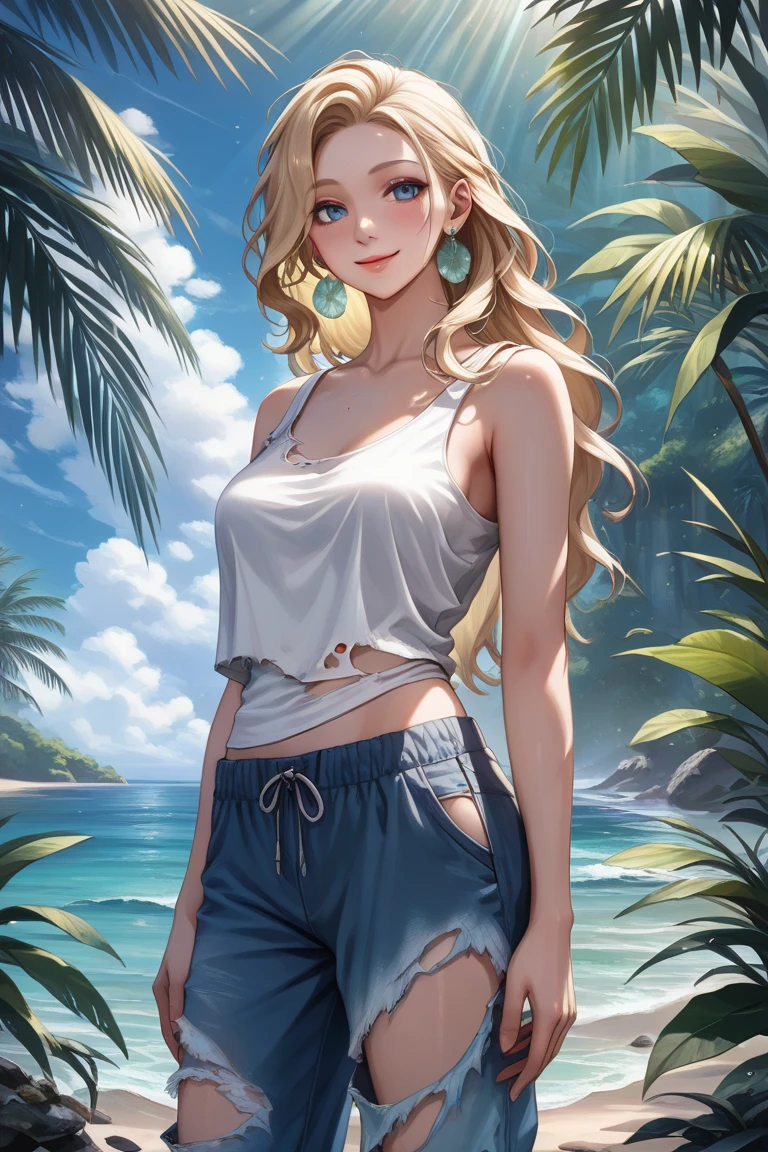 NSFW, (((masterpiece))), best quality, elegant, curvy woman. A graceful, relaxed pose on a deserted tropical island by the sea. She has (fair, ivory skin) with a soft glow, (soft coral lips), and a (gentle, serene smile). She has (long, flowing blonde hair). Her face has (clear blue eyes) and (light peach eyeshadow). (Delicate marble earrings). Emphasis on (chest:1.1) and (ass:1.1), with soft, graceful lines.
Outfit: Wearing a (strappy white tank top, loose, visibly torn and heavily weathered:1.6), with (soft indigo beach pants, loose-fitting, made of soft cotton fabric, heavily worn, and visibly torn:1.4). (Barefoot).
Pose and setting: (Standing), exuding a graceful, serene presence. The background includes (brought daylight), gentle waves below the beach, and a soft breeze in her hair. (Shot with a 50mm lens), (light bokeh effect), (depth of field), with (focus from the front and slightly below) to capture a (erotic:1.3) atmosphere.