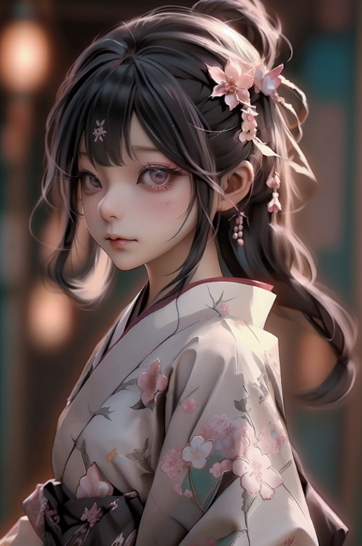 1girl, letterboxed, floral_print, japanese_clothes, kimono, solo, jewelry, earrings, lips