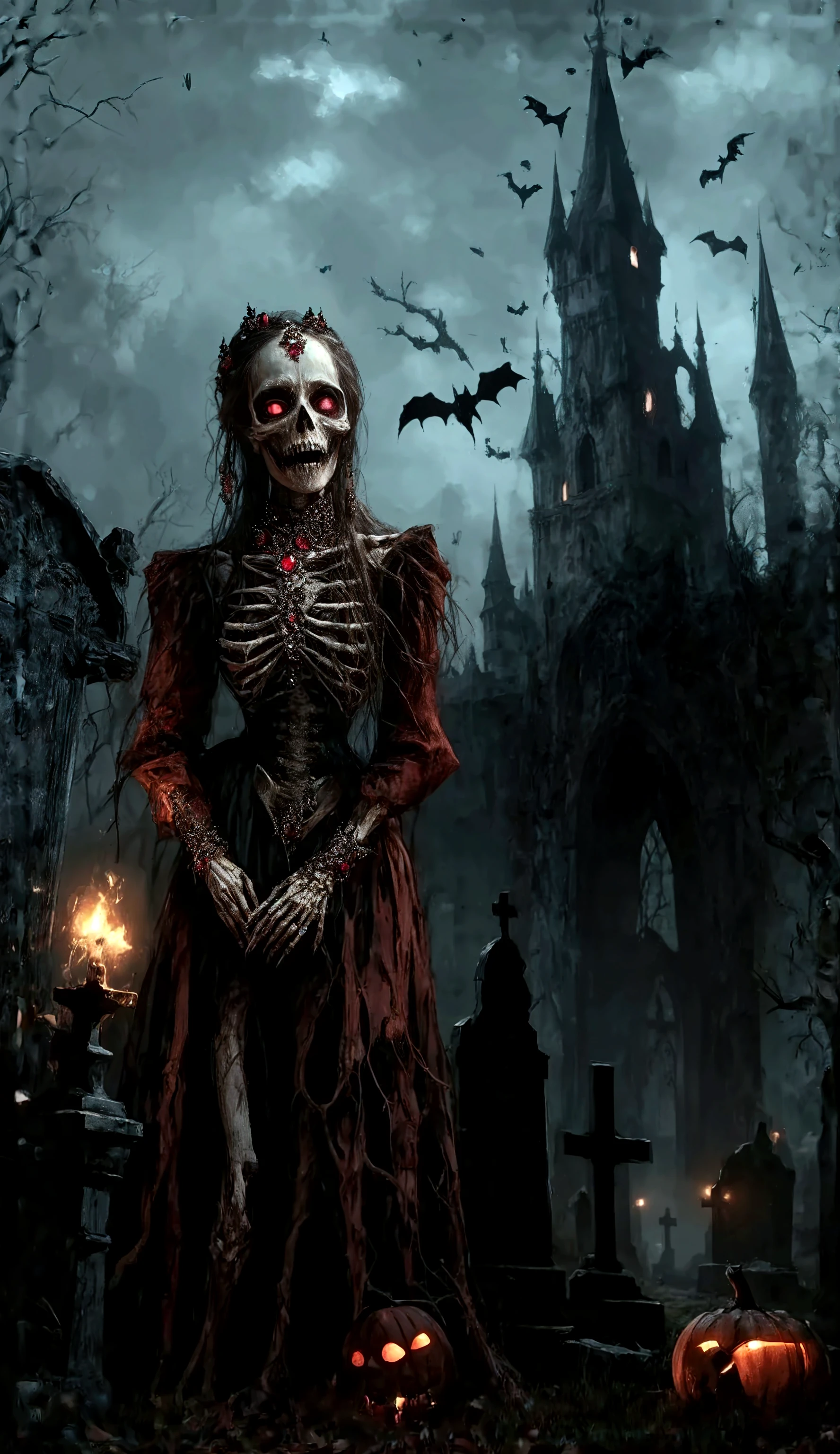 Decomposing Zombie Woman, riding a horse through the dark cemetery with candle lights, your expression is terrifying, roupas sexys, realista (melhor qualdiade) (4k) dark cinematic setting