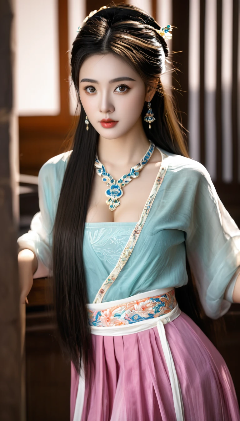 1 Very beautiful queen Medusa dressed in Hanfu, Thin red silk shirt，With many yellow patterns, Black lace top, Long hair dyed black, beautiful hair ornaments, Extremely detailed and delicate jewelry, Gold jewelry, Red ruby set necklace, Nice face Beautiful, Perfect face, Earring jewelry, Head and hair ornaments, Antique jewelry, Big eyes, Sharp eye makeup, Fine makeup eyelashes, Thin eyebrows, High nose, Nice red lips, no smile, ((Closed mouth:0.9)), pursed lips, rosycheeks, Breast augmentation, Round lift breasts, Moderately large breasts, Well-proportioned breasts, Slim waist, Slim waist, Red mesh stockings with black lace, chinese hanfu style, Fictional art patterns, The colors are vivid and true to life, RAW photos, Realistic photos, ultra high quality 8k surreal photos, Cool photos, (Virtual light effects: 1.8), 10x pixel, Magic effectackground): 1.8), opens his eyes wide, Super detailed eyes, Beautiful girl body portrait, Girl Alone, ancient hanfu background, head straight-looking at viewer, Wide original photo, 8K quality, Super sharp, Detailed and clear pictures are best, Detailed light background,