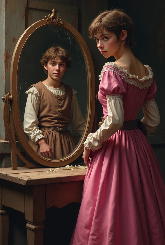 Create a medieval boy dressed as a peasant looking at himself in a mirror, Reflecting her image in the mirror like a princess wearing a pink dress.