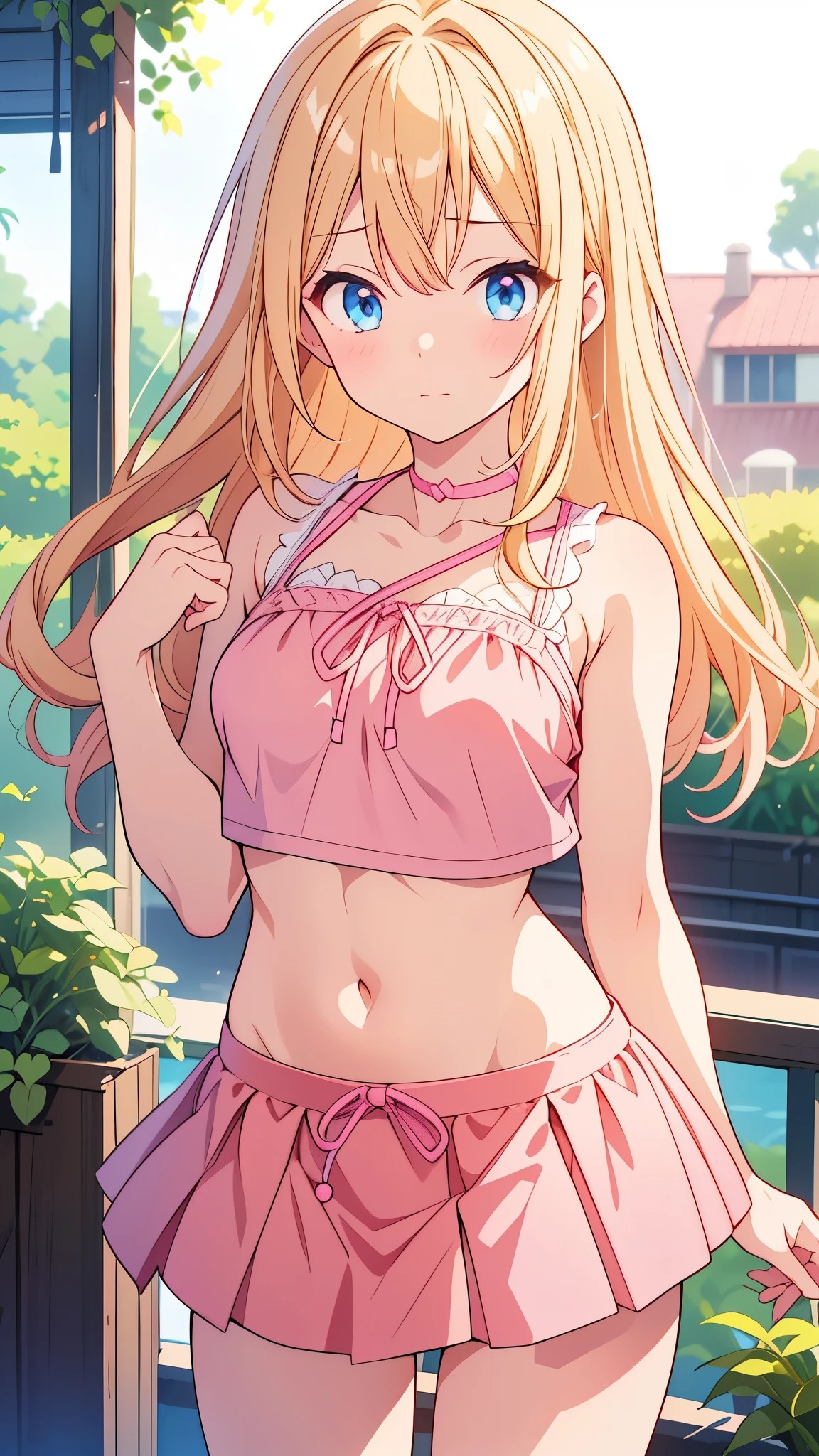 blonde blue-eyed anime girl 、 wearing a pink top 1 girl , miniskirt, skirt flip pose , cute pink panties , Shy expression , lash drawstring crop top , home garden, Modern Home, sunny, slightly tousled wavy hair , blond hair color palette mix black, Slightly reddish , addition_ Details:1