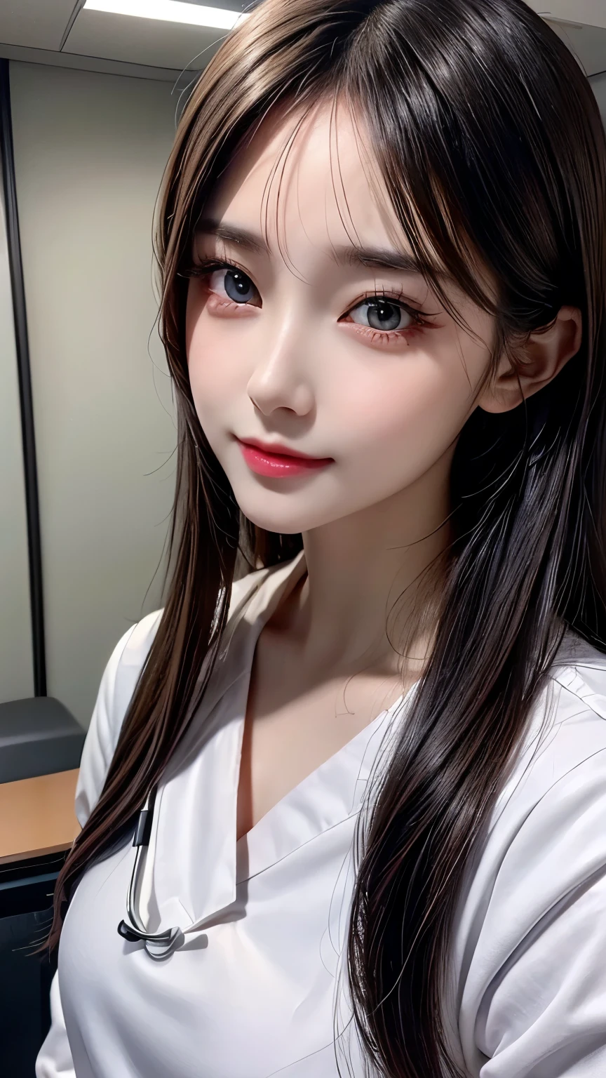 (HD photo:1.4), best quality, professional portrait, ultra detailed, 8k, cinematic, pretty 18 year old girl, cute, detailed skin, (long dark hair:1.2), detailed eyes, large sagging breasts, cleavage, (wearing white doctor's coat:1.1), (wearing lightblue shirt:1.2), stethoscope, latex gloves, hospital background, sfw