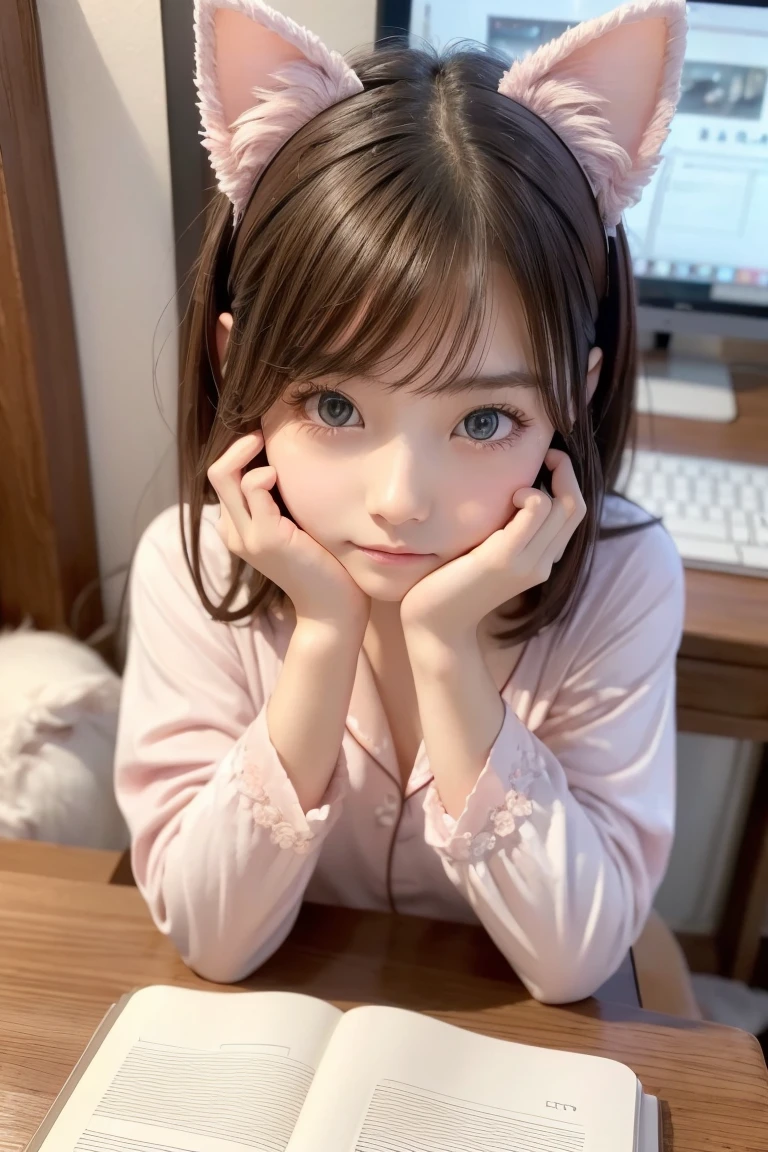 (masterpiece:1.2, Best Quality), I'm looking at a realistic image , Very real, Genuine, Beautiful photos､ 8k,  very cute and beautiful girl , Transparent beauty, Beautiful depiction, Detailed illustration,  brown shortcut , Big Eyes, Sparkling Eyes, ((Pale pink cute pajamas ,  cat ear headband )),  Operating a computer while drinking coffee :1.6, Slightly thoughtful expression , I'm looking at my computer without looking at me :1.5, I'm wearing my elbow on my desk,  Many notebooks and notepads are placed on a large desk,  Home Room,  upper body portrait, Composition viewed diagonally from below in the foreground 