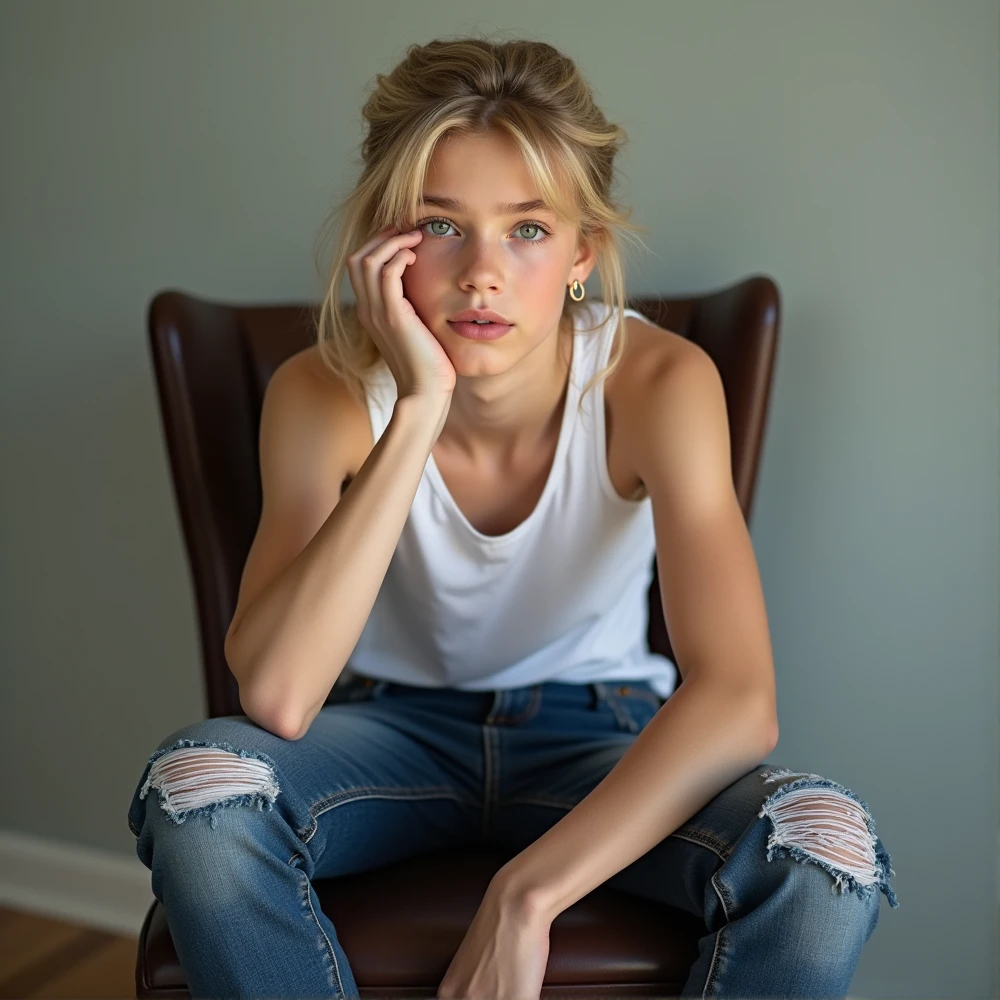 score_9, score_8_up, score_7_up, Realistic photo of ango woman, sitting on couch, white tanktop, jeans, makeup, beautiful eyes, detailed skin, depth of field, small breasts, blushing <lora:Angourie-Rice_token_ango_woman_r64_model_EverClear_v1:1>, pale, looking at viewer, white sneakers, freckles, closeup portrait
