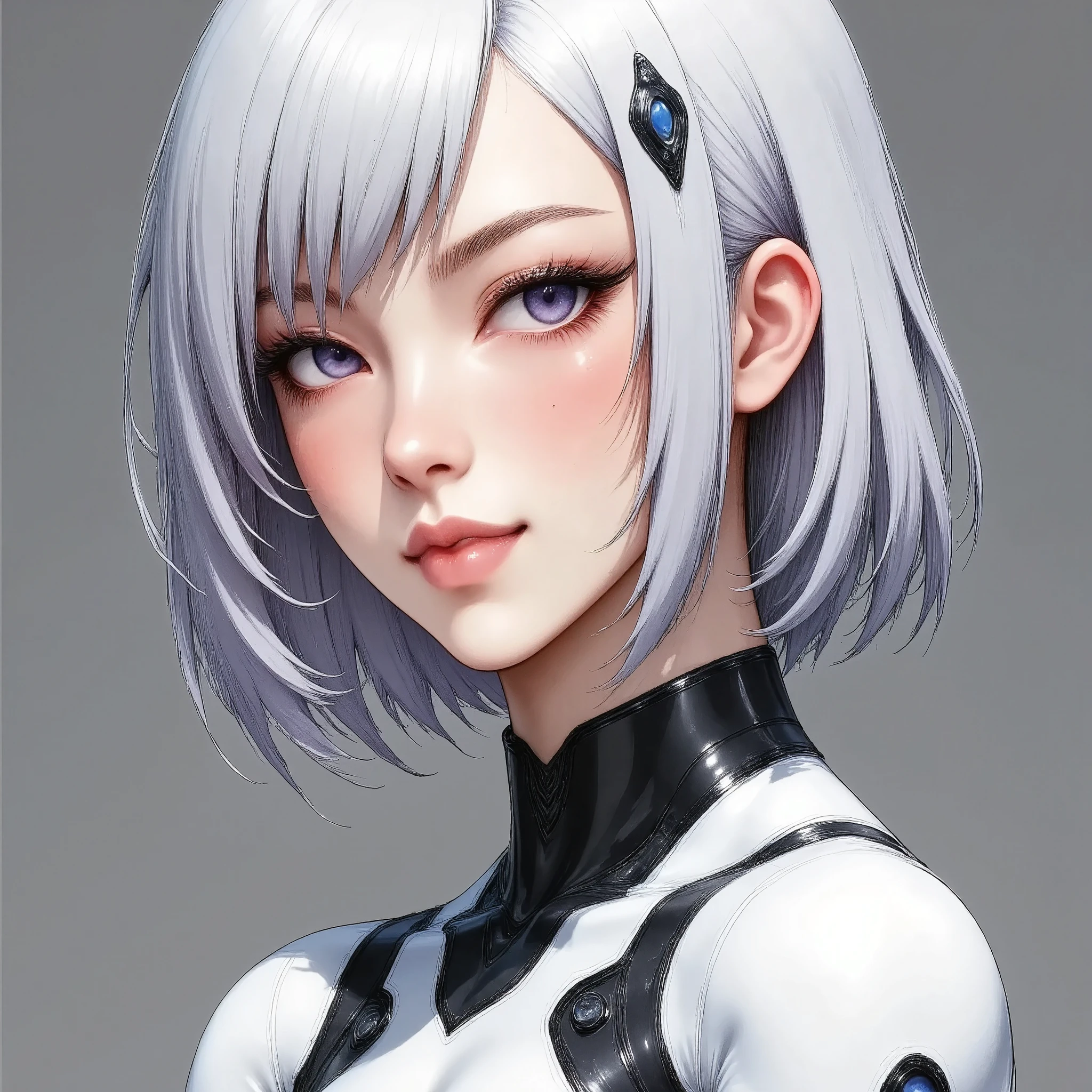 (masterpiece:1.2,Outstanding quality,Milonish, Cinematic Experience,Super detailed), best illustration,8k,wallpaper,( cyberpunk :2.0)(Semi-realistic female android design:2.0),( face up :2.0),( super sexy:2.0),(Beautiful and shining eyes:2.0),( detailed skin texture from fingertip correction:2.0)