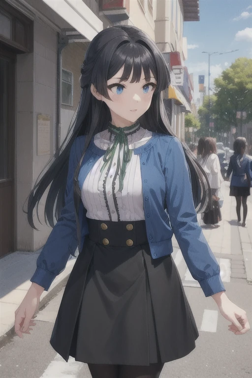 (masterpiece, Best Quality),  1 girl,  Mogami Def,  Black Hair , Long Hair, , bangs,  blue eyes,  side lock, blunt bangs, skirt, shirt,  long sleeve ,  jacket, white shirt,  pantyhose , frills, Open the clothes, black skirt, open  jacket, neck ribbon, ribbon, hair intakes, blue  jacket, brown  pantyhose , green ribbon, center frills, frilled shirt,bustling street,blue sky, Sunny