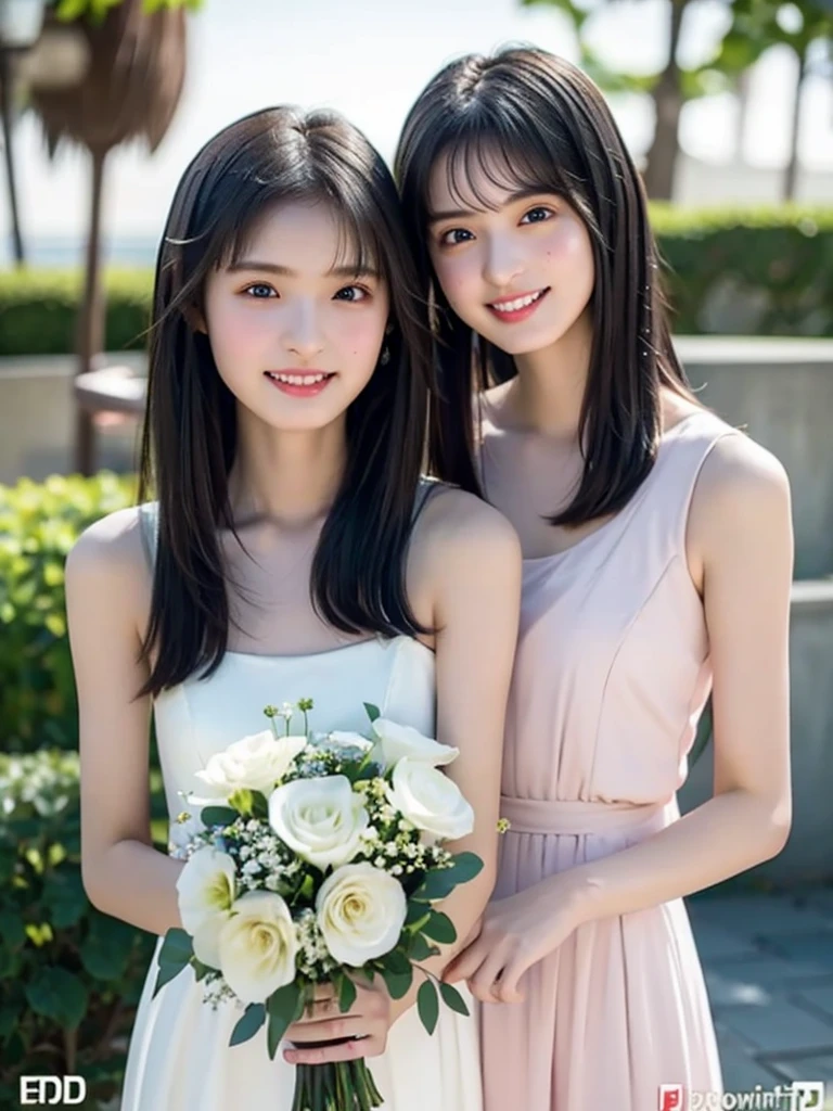  high resolution on down, 8k, Best Quality,   Details, Semi-realistic anime, 3D anime style,  Smooth Animated CG ,  one girl playing pranks,  A 20-year-old Japanese woman , slim, Modeling, Shiny black hair,   Detailsな顔, Beautiful and   Details,   growing skin  ,  Hard Focus 、 film grain,  soft lighting ,white、 ocean、Droopy eyes、Brown eyes on face、smile、1 female、 woman in prom dress、Smooth Straight、  Detailsな顔、Beautiful Skin、bouquet、bride