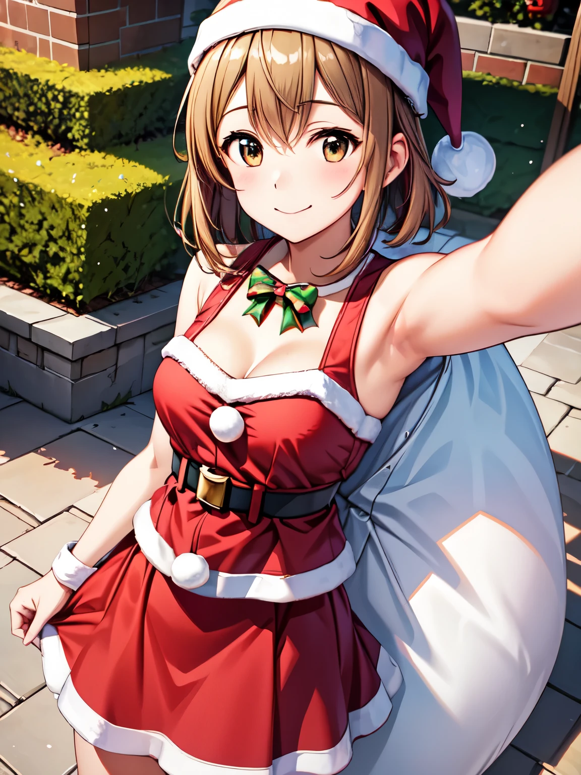  high resolution on down, Best Quality,   super high quality ,3D Images,garden、masterpiece, Best Quality、  one girl playing pranks、silica、 closed mouth、Small breasts、Absolute reference to the center、(Santa、Santaクロース,Santaの衣装:1.5)、Santaの帽子、Absolute reference to the center、Selfie、  beautiful thighs in books、  highly detailed face , High-definition CG、  cowboy shot、 lean forward