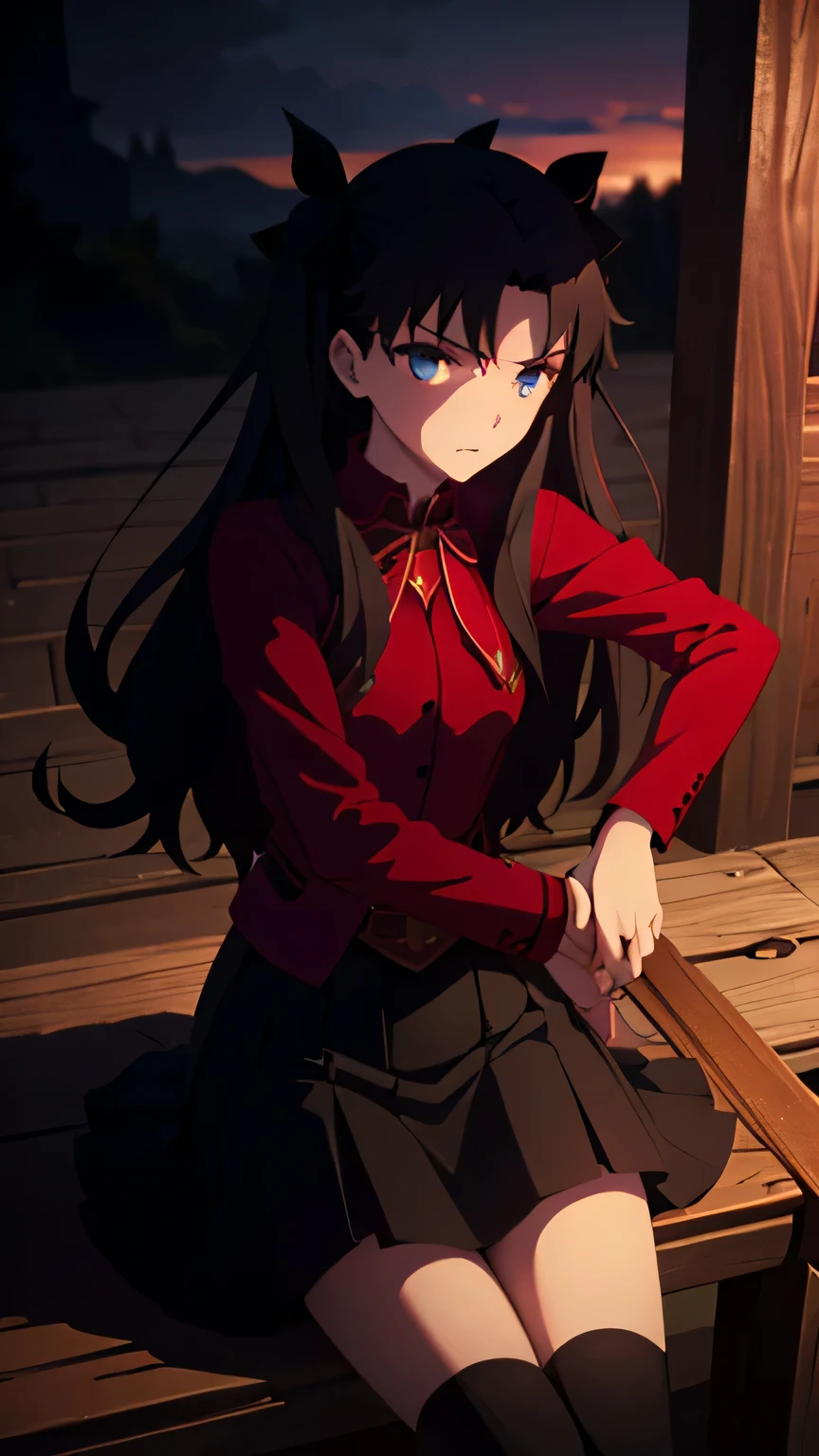 rin tohsaka from fate; aesthetic; bohemian; realistic; skirt; stockings; skinny fit; sitting honor pose; emo; staring on foreground; shinny and bright eyes; night castle background; Dark fantasy ; focus on hips; goddess; solo girl; katana