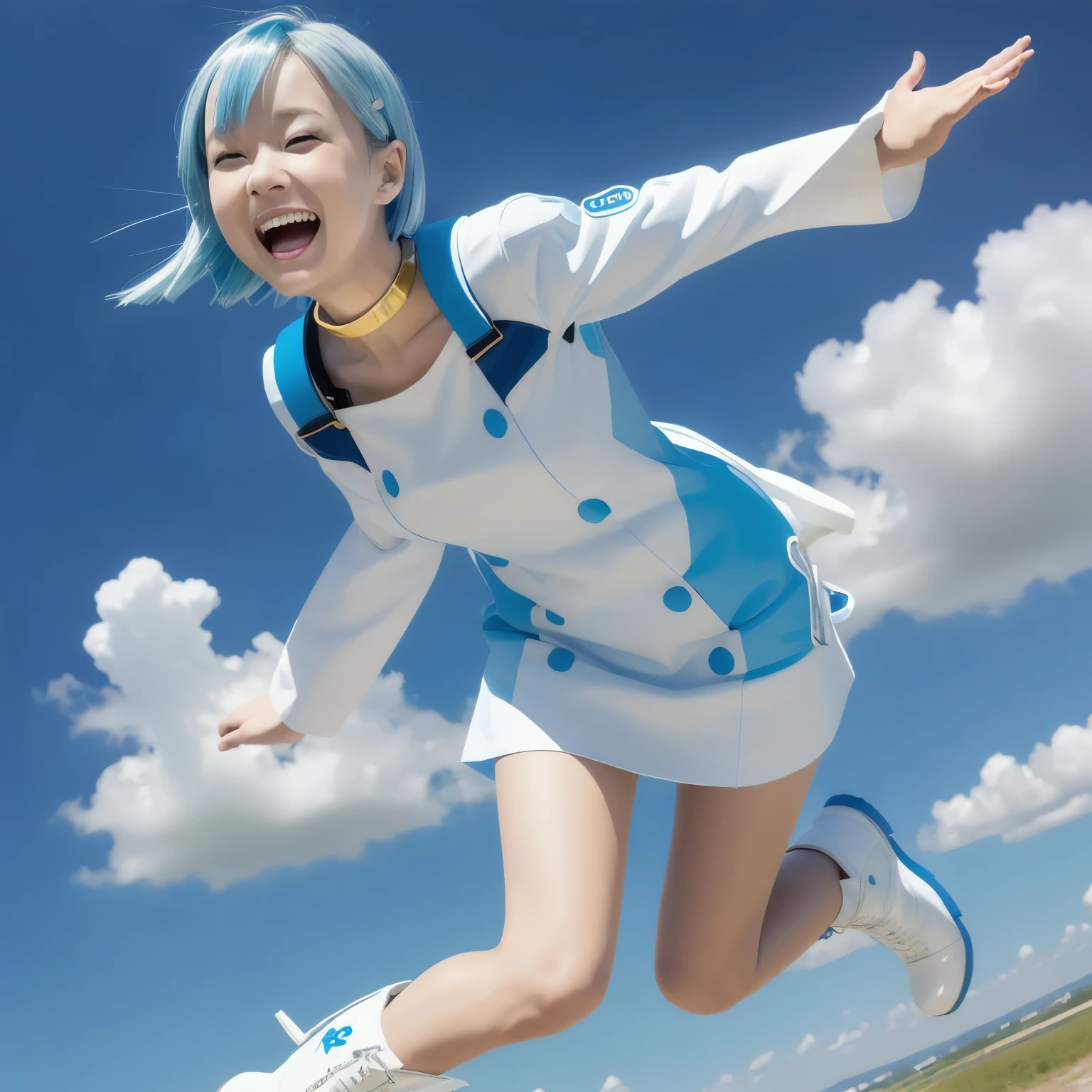 (  Ultra High Definition )、eureka、  adult woman laughing、 Purple Eyes、  Extremely short light blue hair  、  choker 、  hair clip that invites hands  、  white and blue dress  、  Long Sleeve  、  white knee-high boots  、 blue dress with blue boots  、  miniskirt 、 Beautiful Japanese woman with a baby face  、 Clear skies 、  white shorts can be seen {x} skydiving from a flying aircraft with both hands and feet wide open、  dance in the sky like a kite  、  skirt flutters in the wind 、 Swim through the air 、 ergonomically correct body shape 、I'm looking at the viewer while falling、
