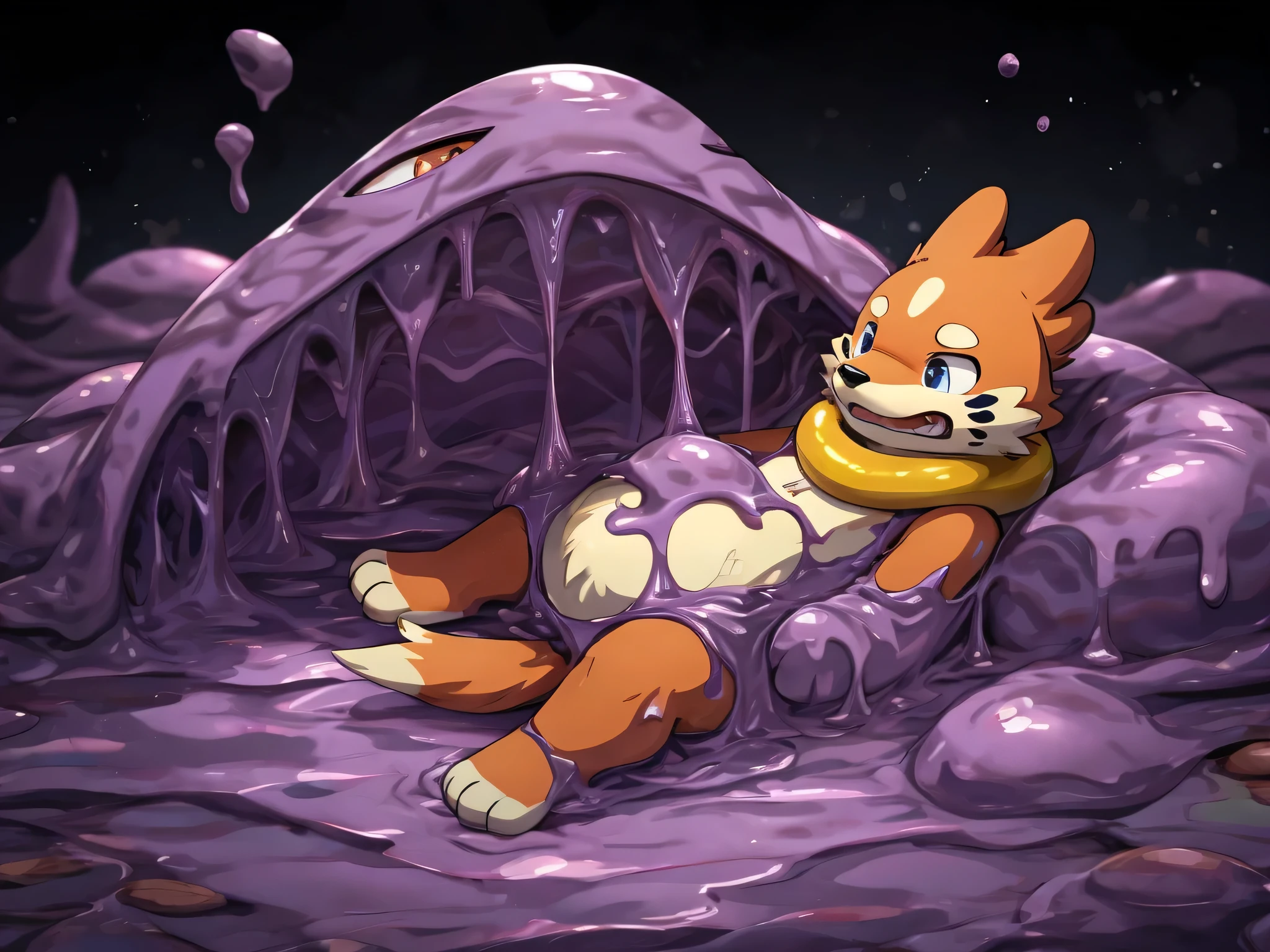 4k ultra quality, 4k full body view,masterpiece quality,young Buizel is buried in muk,young buizel very pained expression,tears in eyes,young buizel dominated by big muk,young buizel eaten by muk,vore,dripping with goo,mucus,large monut of goo,The entire screen is filled with goo,black background