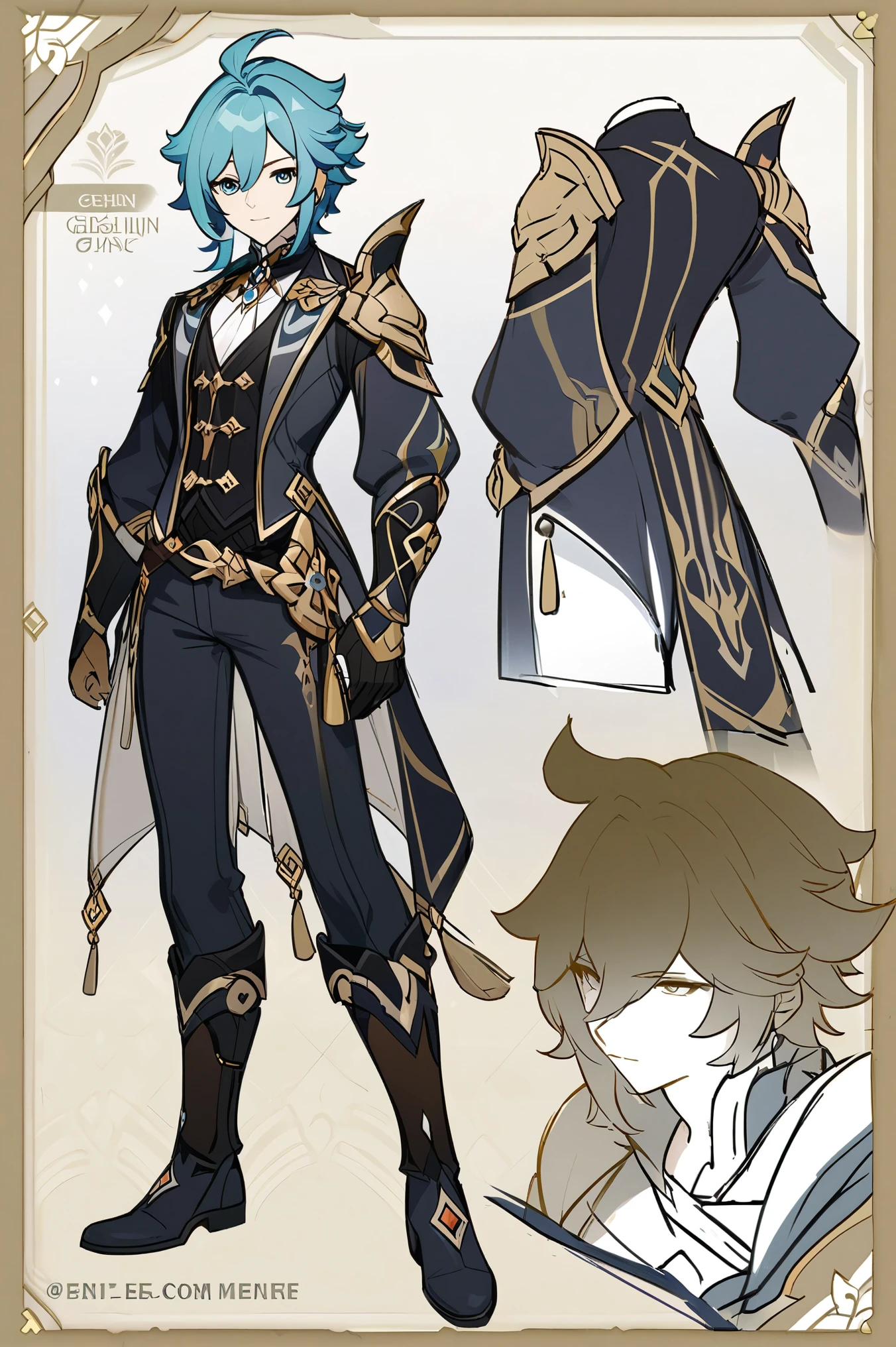(tmasterpiece), ultra - detailed, 8k, ((Role table:1.4)) Or a reference sketch of the adventurer boy with his adventurer costume blackout hat he has blue curly hair and he is short, Surreal and sharp details and intricate details, and style, Simple background illustration, white flat background, He smiled
