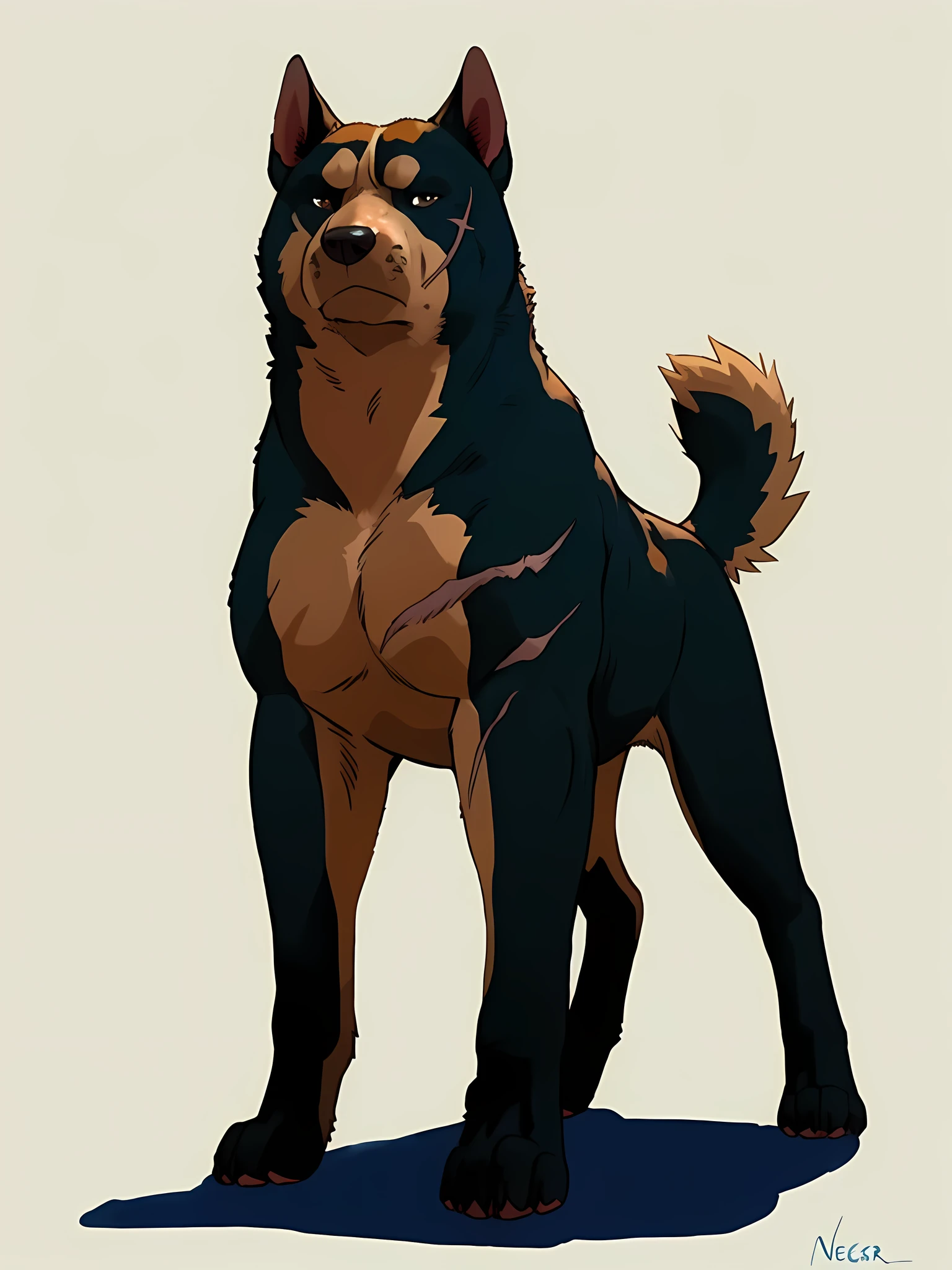 riki, detailed scars, brown fur, male, masculine, feral:1.1, quadruped, full body, (very muscular forelegs, very muscular hindlegs, very muscular neck, very muscular shoulders, very muscular feral):1.4, heavyweight, pectorals:1.0, correct pectorals, paws, detailed, high quality, best resolution, cel shaded, solo, (no background, white background):1.5 (strong shadows, rimlight, highlights):1.2, shadow on ground, dog tail, dog ears, by negger, by rossciaco, by taran fiddler, cel shaded, proud, majestic, brown eyes, detailed eyes, stern eyes, looking at viewer,