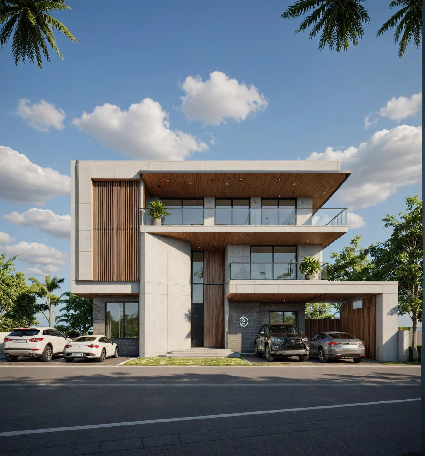 (White wall:1.3), slat wooden, The image depicts a modern, modern villa-story in an urban setting, characterized by its sleek design, verticality, wooden ceiling, The building is tall and narrow, maximizing vertical space, with a dark gray facade and a mix of solid and slatted sections. The building features integrated plants and balconies, creating a vertical garden effect. The ground floor features a dark gray gate, a metal pergola, and a diamond logo. The windows and balconies are large, dark frames, and feature glass railings. The building is situated in an urban environment with palm trees and a street, sun clouds, Best Quality,Masterpiece, UHD, 4k, Stunning,Eye-catching,Sharp edge render, Award winner design in 2024, Photorealistic, High-Resolution, Detailed, Accurate, Vibrant, Dynamic Lighting, Textured, Perspective, Atmospheric, Contextual, Balanced Composition, Material Realism, Interactive, Immersive, Narrative, Minimalist, Metal, Textured, Polished Surfaces, Neutral Tones, Accent Colors, Open Space, Integrated Lighting, Sleek Finishes,