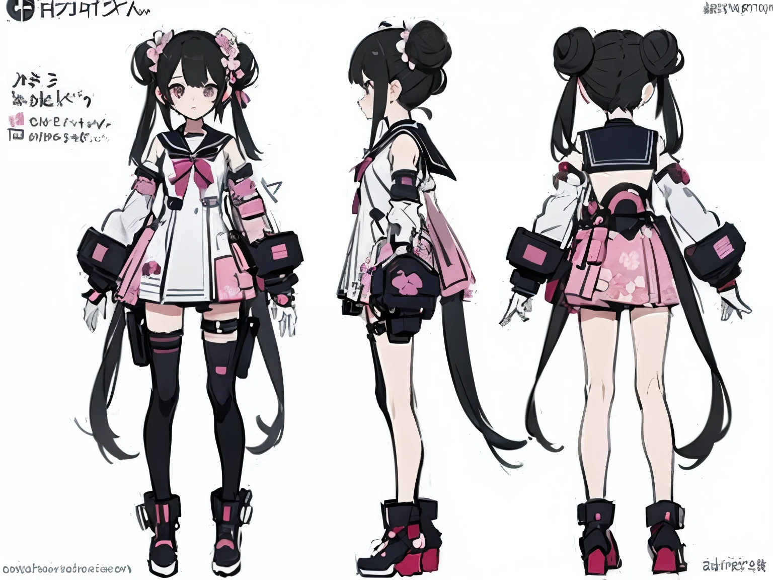 cute girl, very long black hair tied into twintails, double buns, red eyes, ahoge, cute street clothes, reference sheet, front view, side, view, back view, pale skin, consistant, smile, plain background