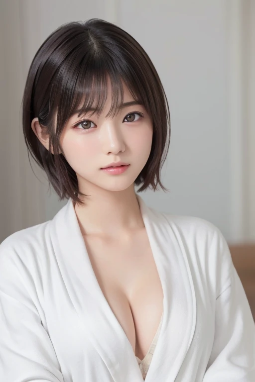 masterpiece, Best Quality,  one woman, (White bathrobe:1.2), 20 years old、(RAW 写真Best Quality), (reality, reality的:1.4),  sexy、iris、 very detailed eyes and face ,  beautiful and detailed nose, beautiful eyes,  Perfect Anatomy、 short hair、 cleavage、 shiny skin、Get drunk、 sleepy look after intercourse、Open your mouth、  lies down、 bed、 face focus 、