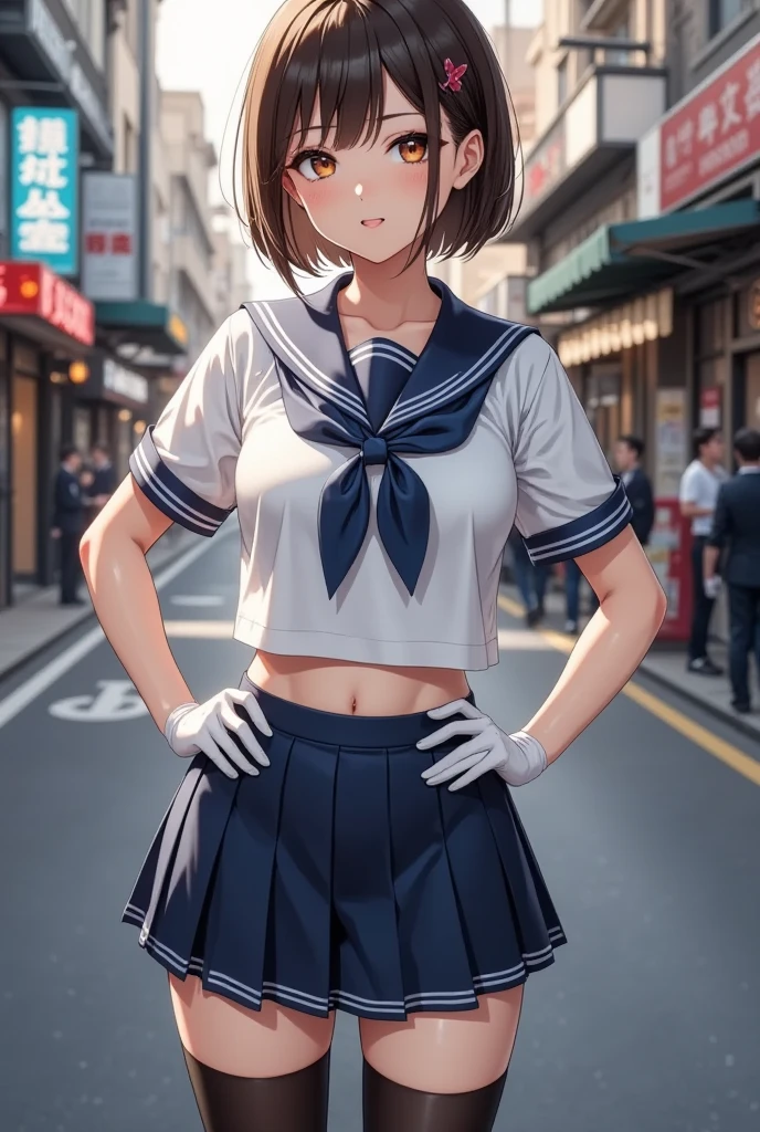 Suzuka, girl, short black hair, face, glasses, atarashii gakko leaders, sleeved sailor school uniform, red armband, white/blue shirt, and blue skirt, legs, white/blue high knee socks, shoes, sexy legs, view from behind, panty line view, standing, firm ass, posing against the wall, skirt lift, nsfw, ecchi