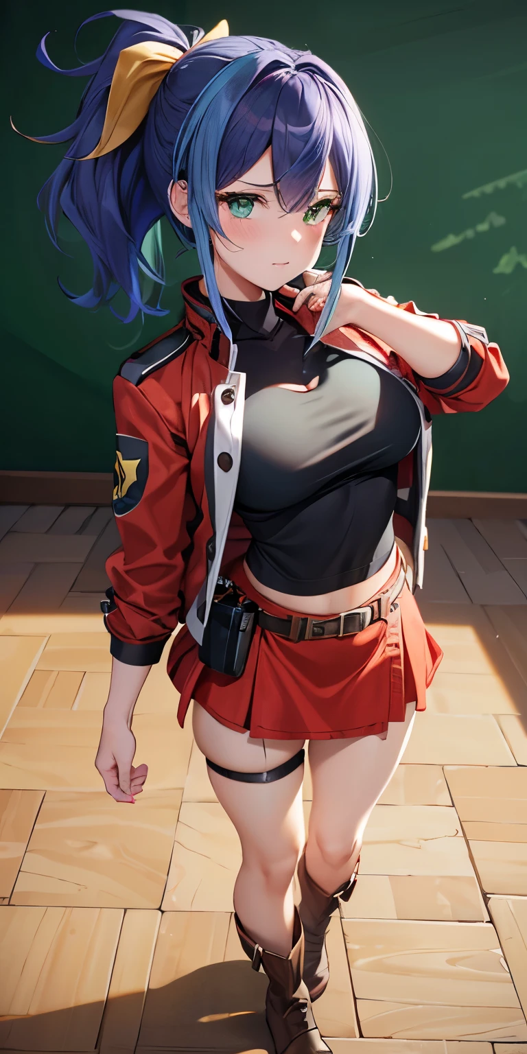 1 Female,High definition,high resolution,Ultra-realistic,8K, aaserena, yellow ponytail, ((multicolored hair)),green eyes,black shirt, jacket, belt, ((red skirt)), ((shorts under skirt)), tight skirt, ((miniskirt )) ,brown boots,large breasts,European,sexy,Upper body close-up,Photographed from the front,Dynamic Angles,private teacher,A little sheer underwear,blue underwear,blush, big tits ,(show panties ),(selfie),(top view),(full body), Multicolored hair